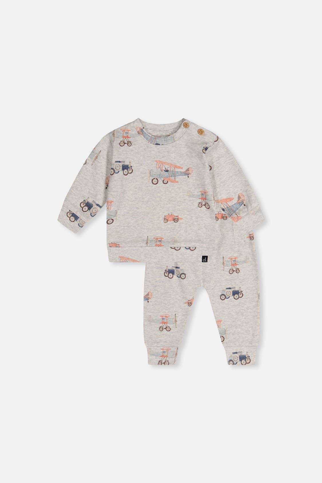 Children's top and pants set with airplane pattern on a white background.