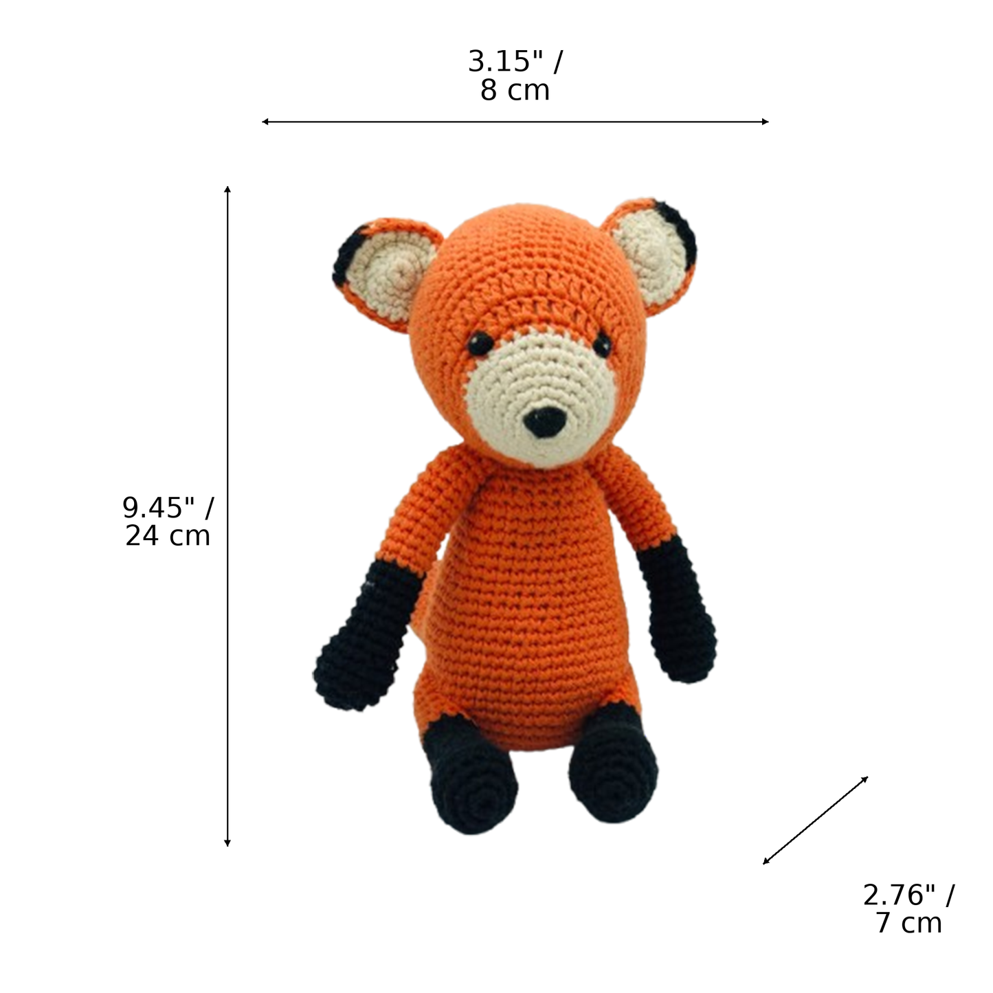 
                  
                    Crocheted fox plush toy with dimension lines and measurements showing height of 9.45" (24 cm), width of 3.15 inches (8cm).
                  
                