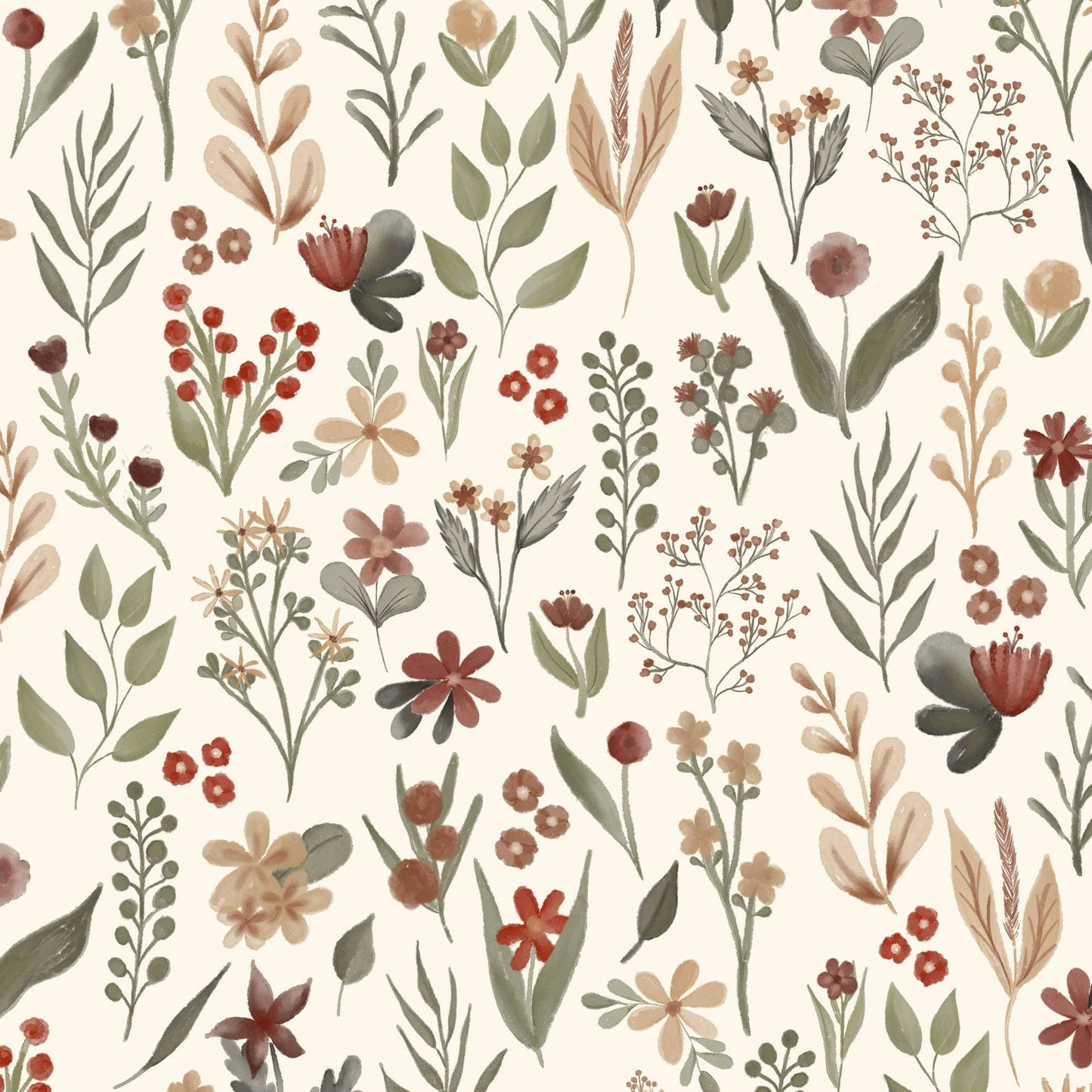 
                  
                    Pattern of various flowers and leaves on a beige background
                  
                