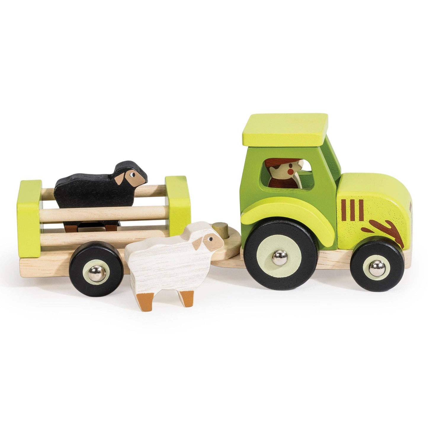 A wooden toy tractor and trailer set with painted animal figures, photographed on a clean white background. The tractor is lime green with black wheels, and the trailer holds a black sheep figure; a white sheep figure stands in front.