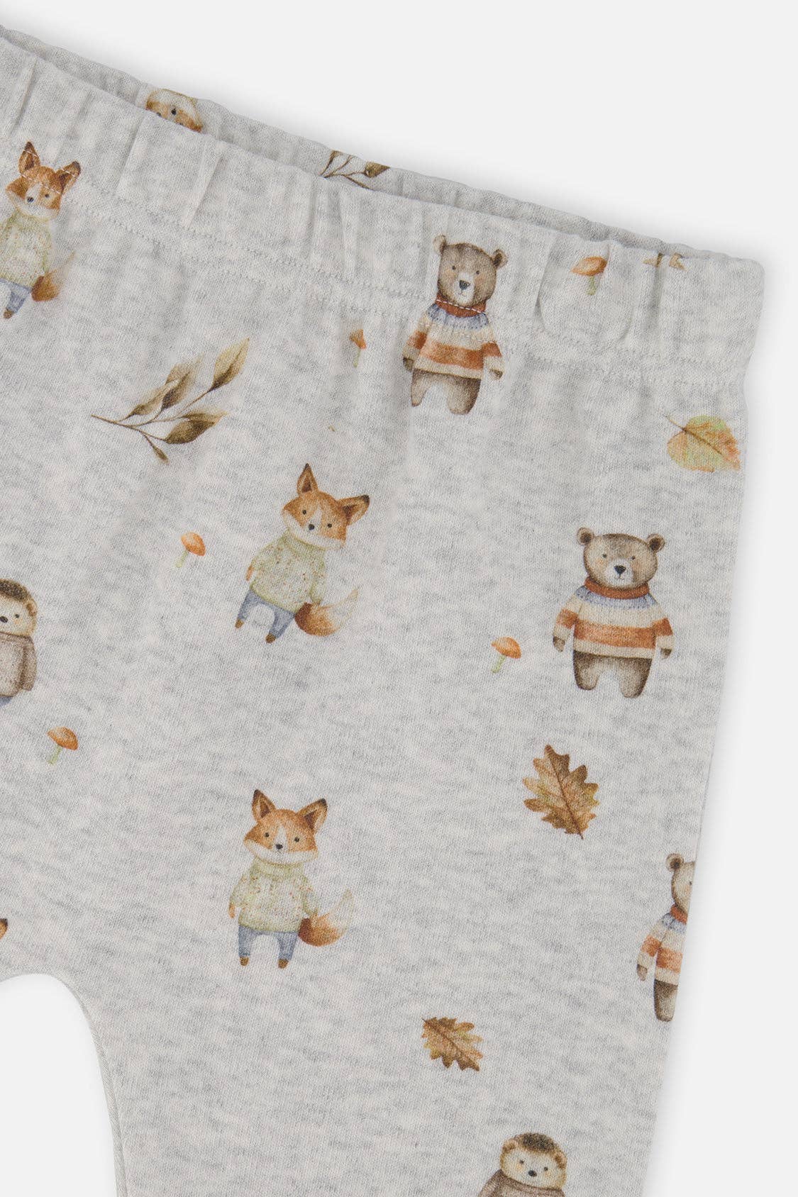 
                  
                    Light heather gray baby pants featuring an all-over print of cute watercolor woodland animals including bears, foxes, and a hedgehog, along with scattered autumn leaves.
                  
                