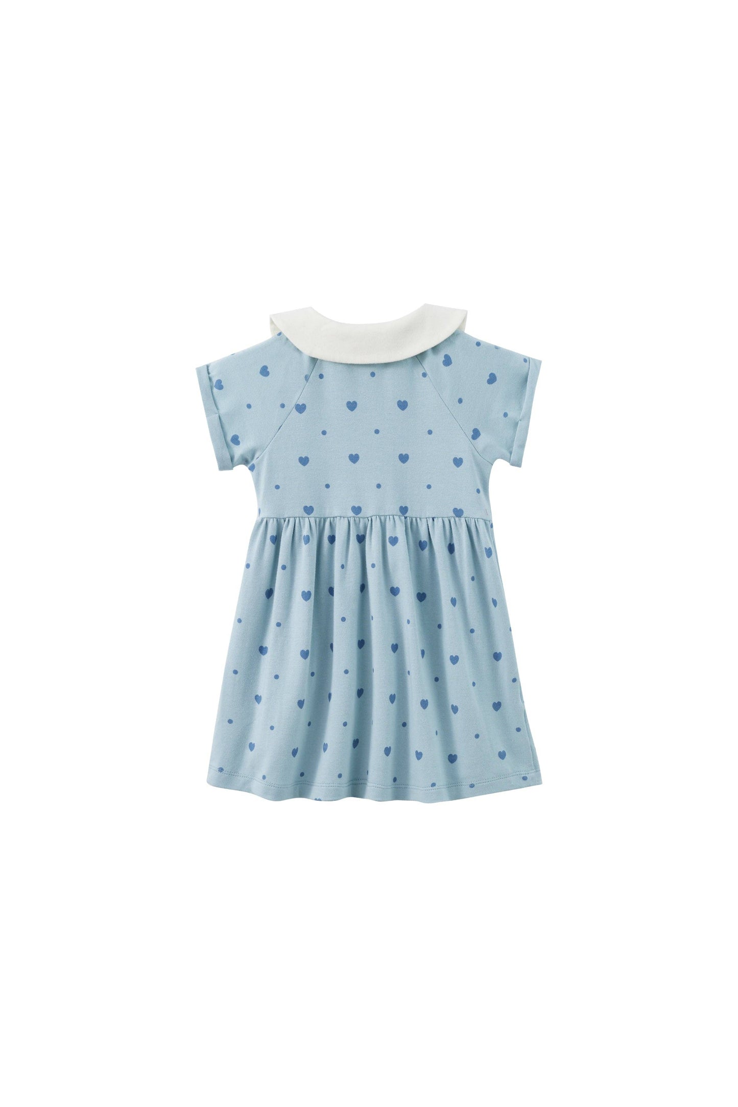 
                  
                    Blue dress with white collar on a white background.
                  
                