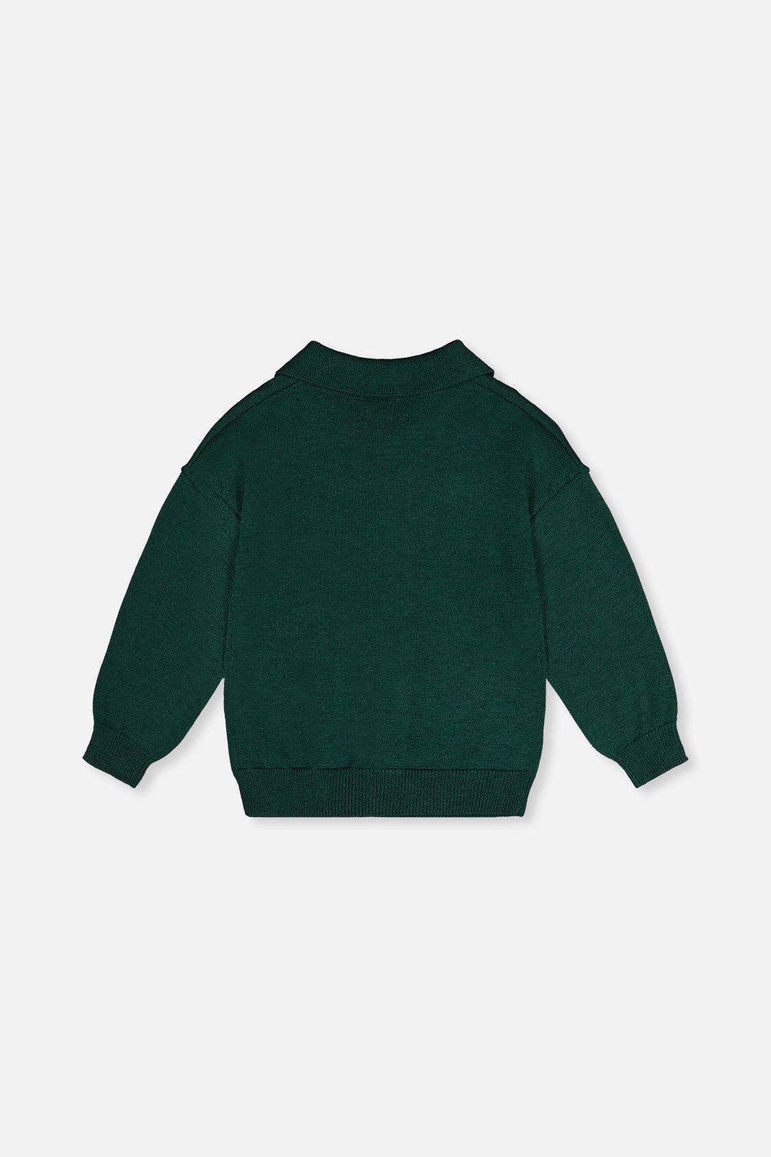 
                  
                    A dark forest green long-sleeve sweatshirt shown from the back, laid flat against a light gray background.
                  
                
