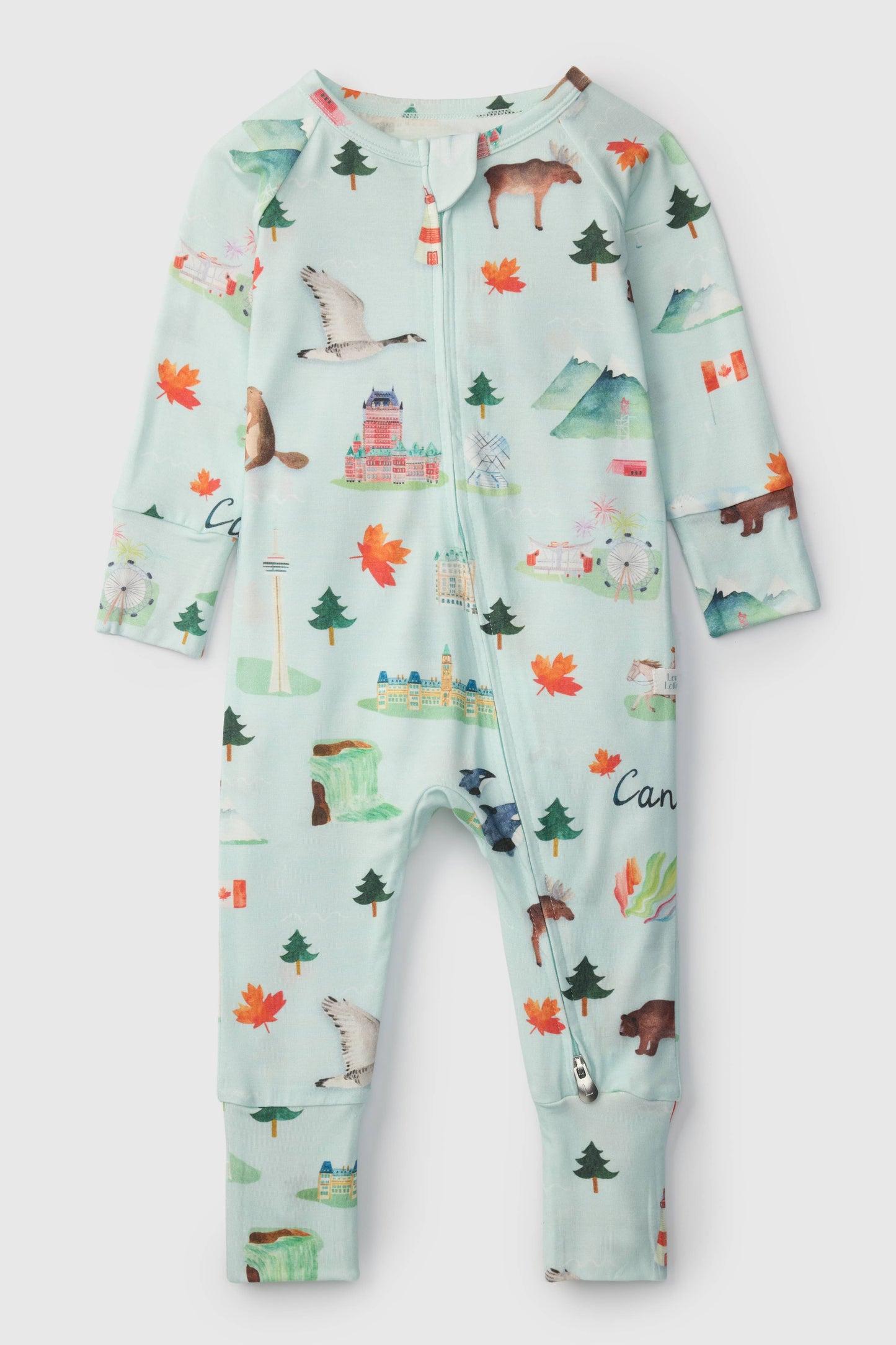 
                  
                    Children's onesie with nature-themed print on a light blue background.
                  
                