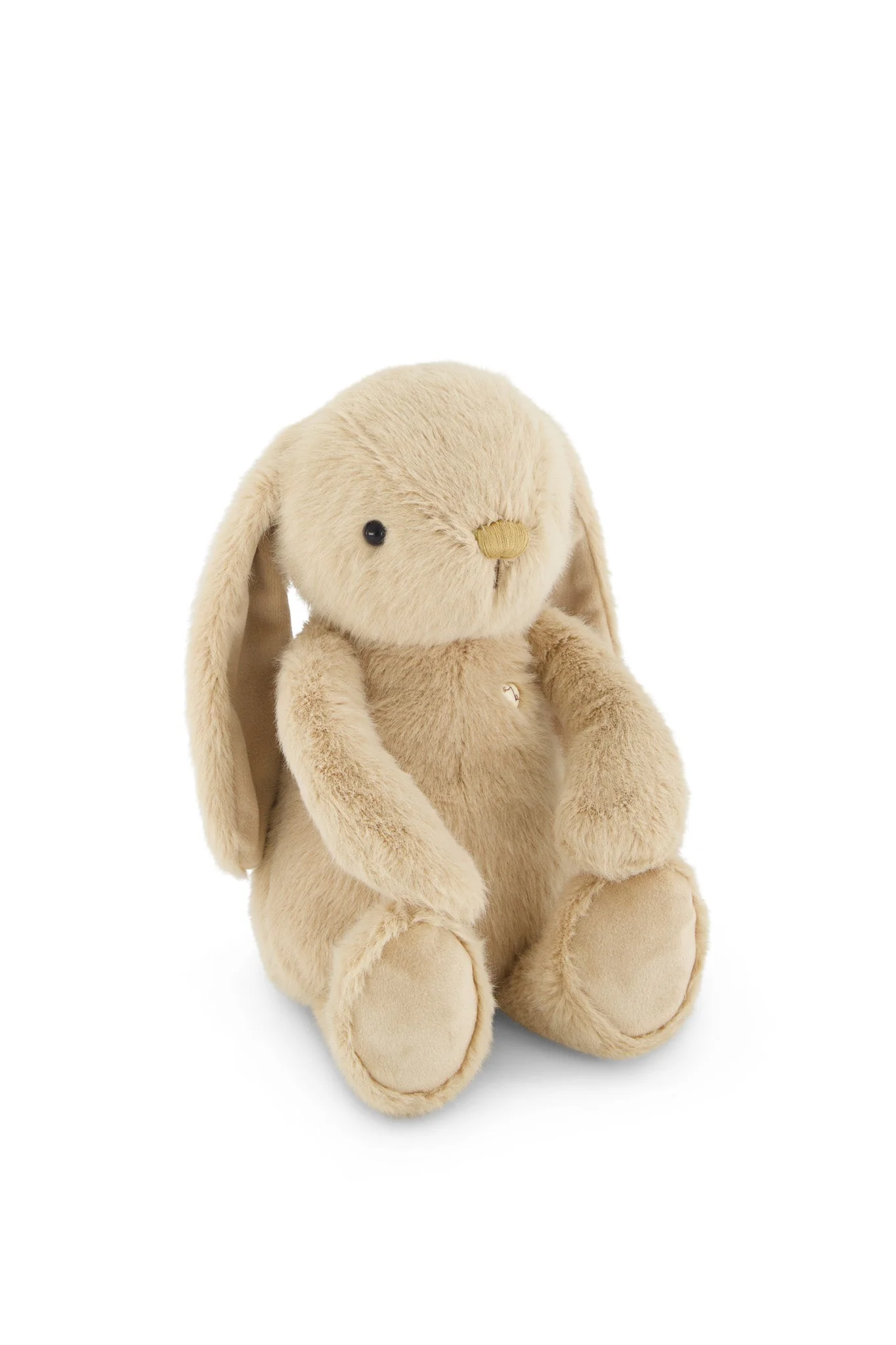 
                  
                    Beige plush toy bunny with long ears on a white background.
                  
                