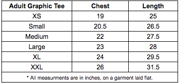 
                  
                    Table showing measurements of adult graphic tees in different sizes.
                  
                