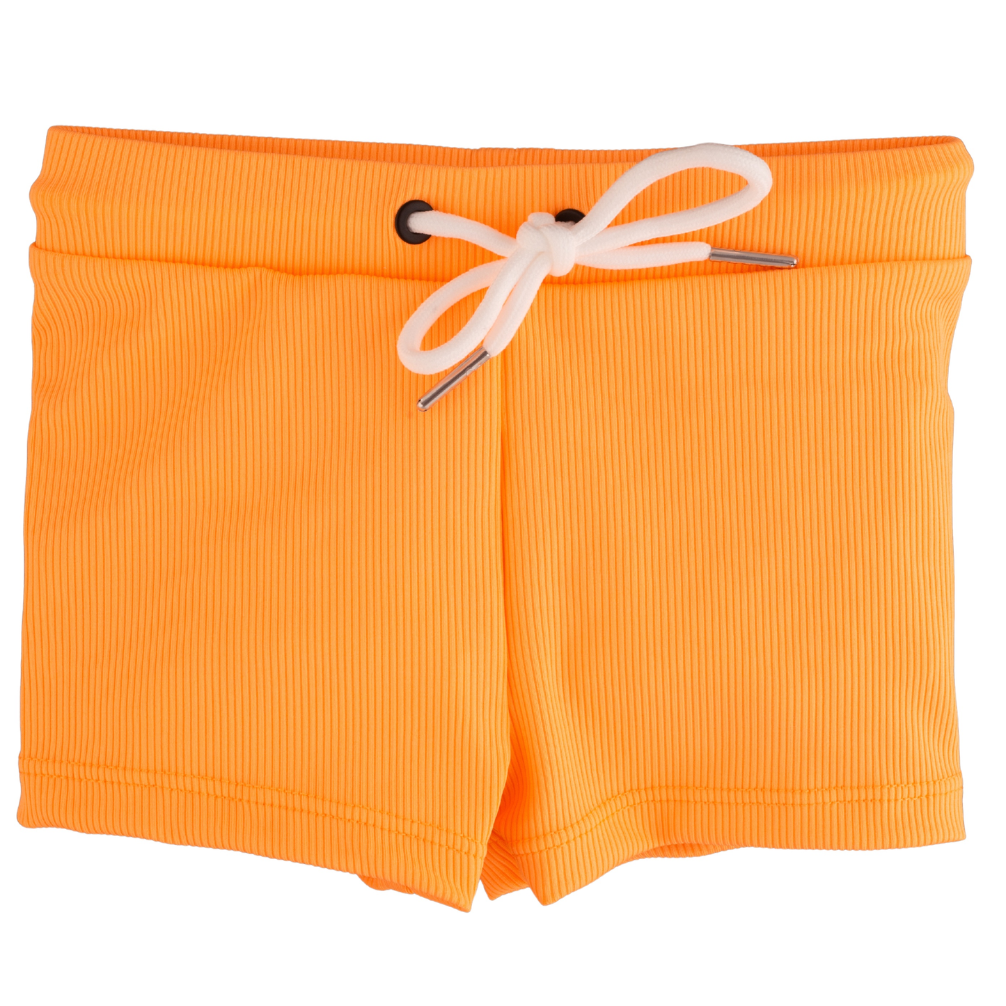 
                  
                    Orange swim shorts with a white drawstring on a white background.
                  
                
