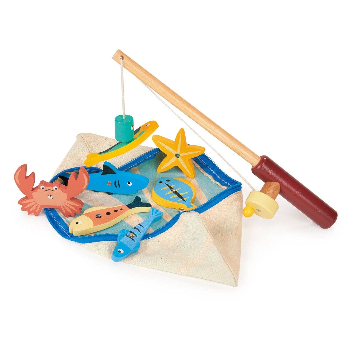 Toy fishing set with colorful fish, a boat, and a fishing rod on a white background.