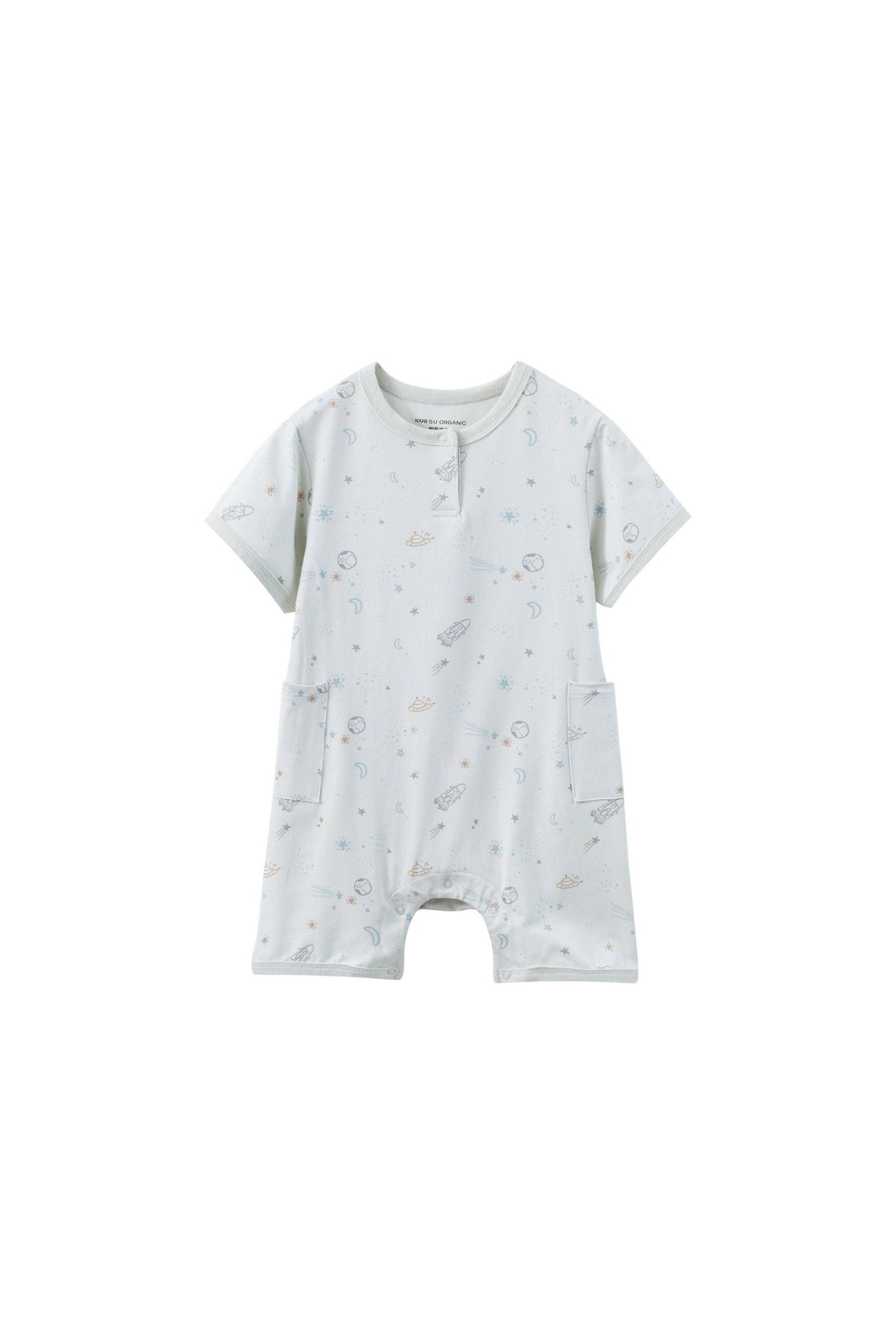 Baby romper with star pattern on a white background.