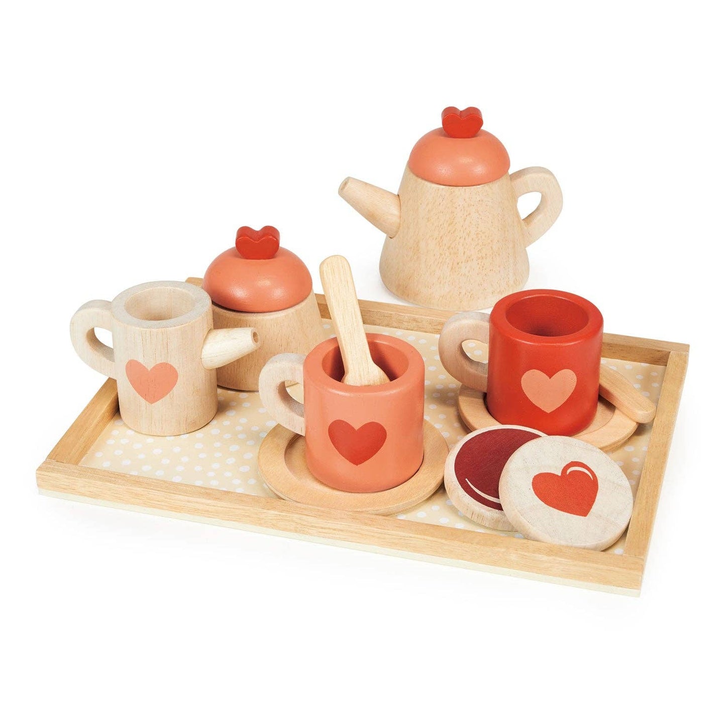 Wooden toy tea set with heart designs on a white background.