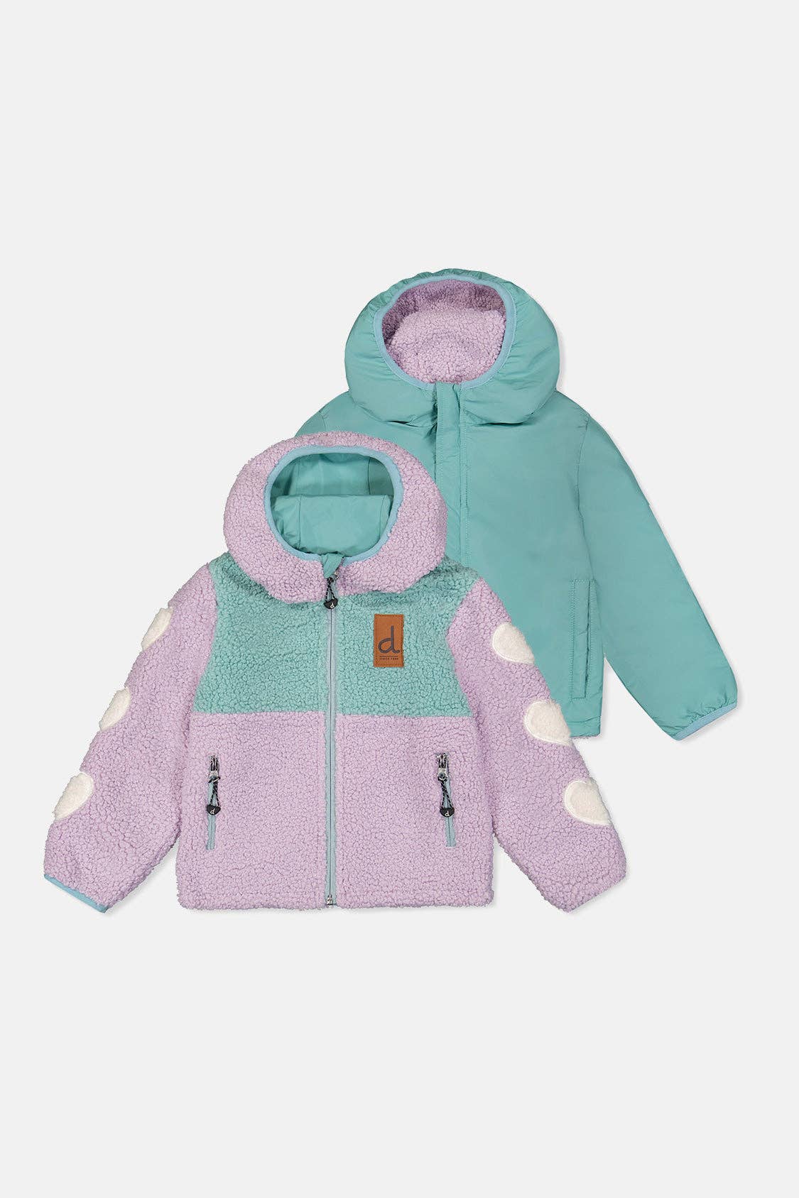 Two hooded fleece jackets shown on a light gray background: one in pastel pink and mint green with cream circular patches on the sleeves, and one in solid mint green.