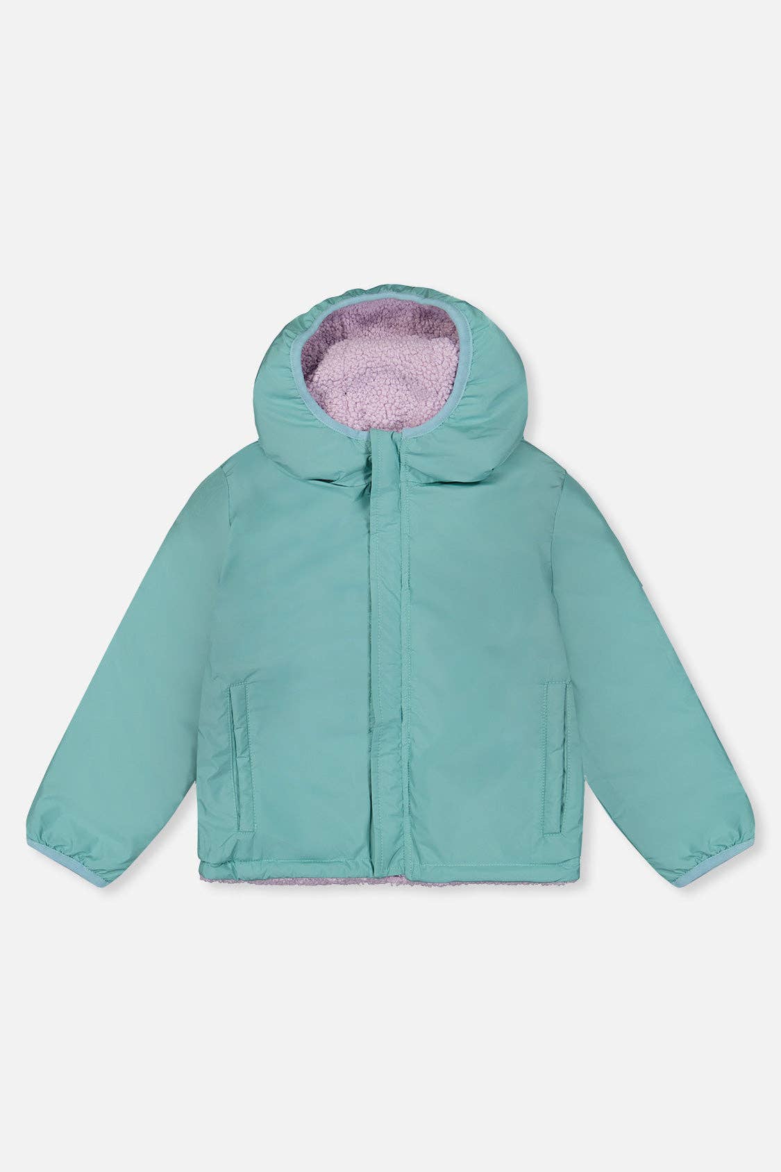 
                  
                    A children's hooded jacket in a light mint green color, featuring a soft pink fleece lining visible inside the hood, shown against a plain light gray background.
                  
                