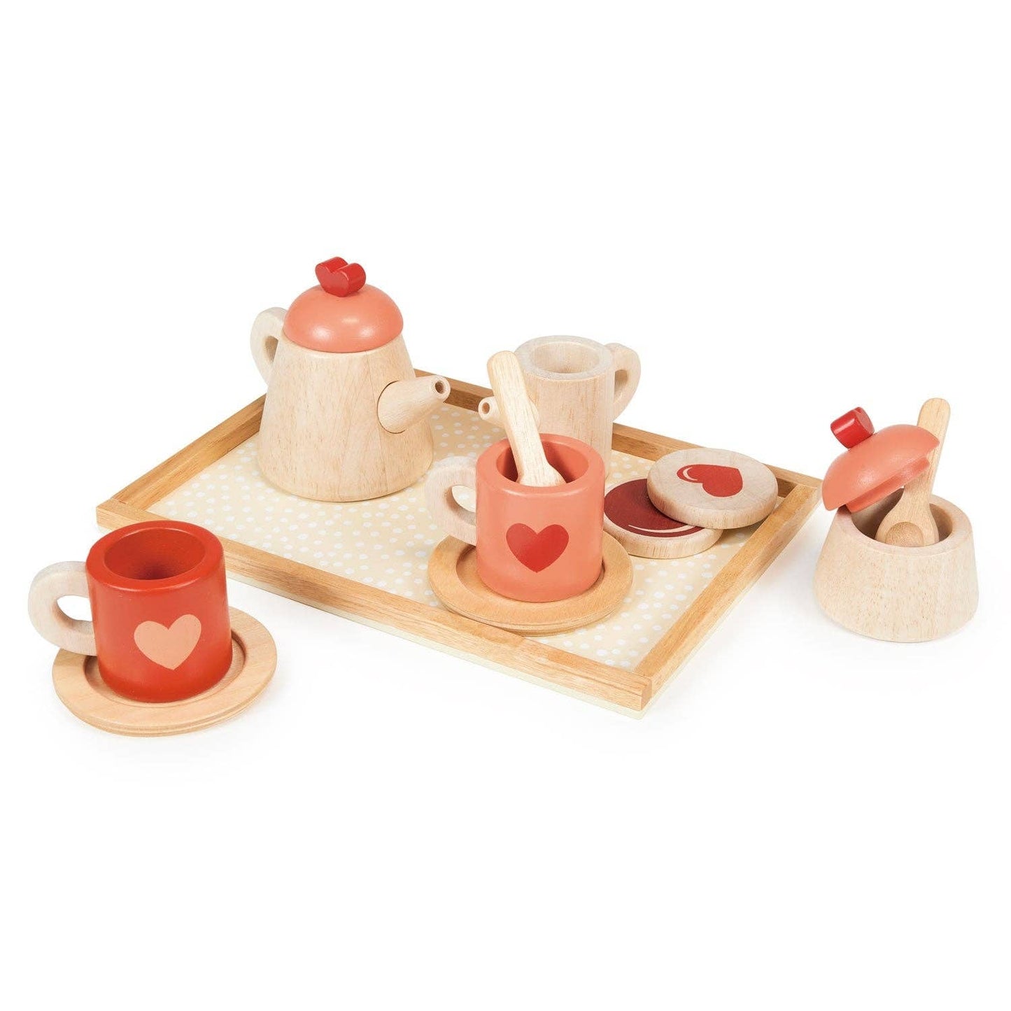 
                  
                    Wooden toy tea set with heart details on a white background.
                  
                