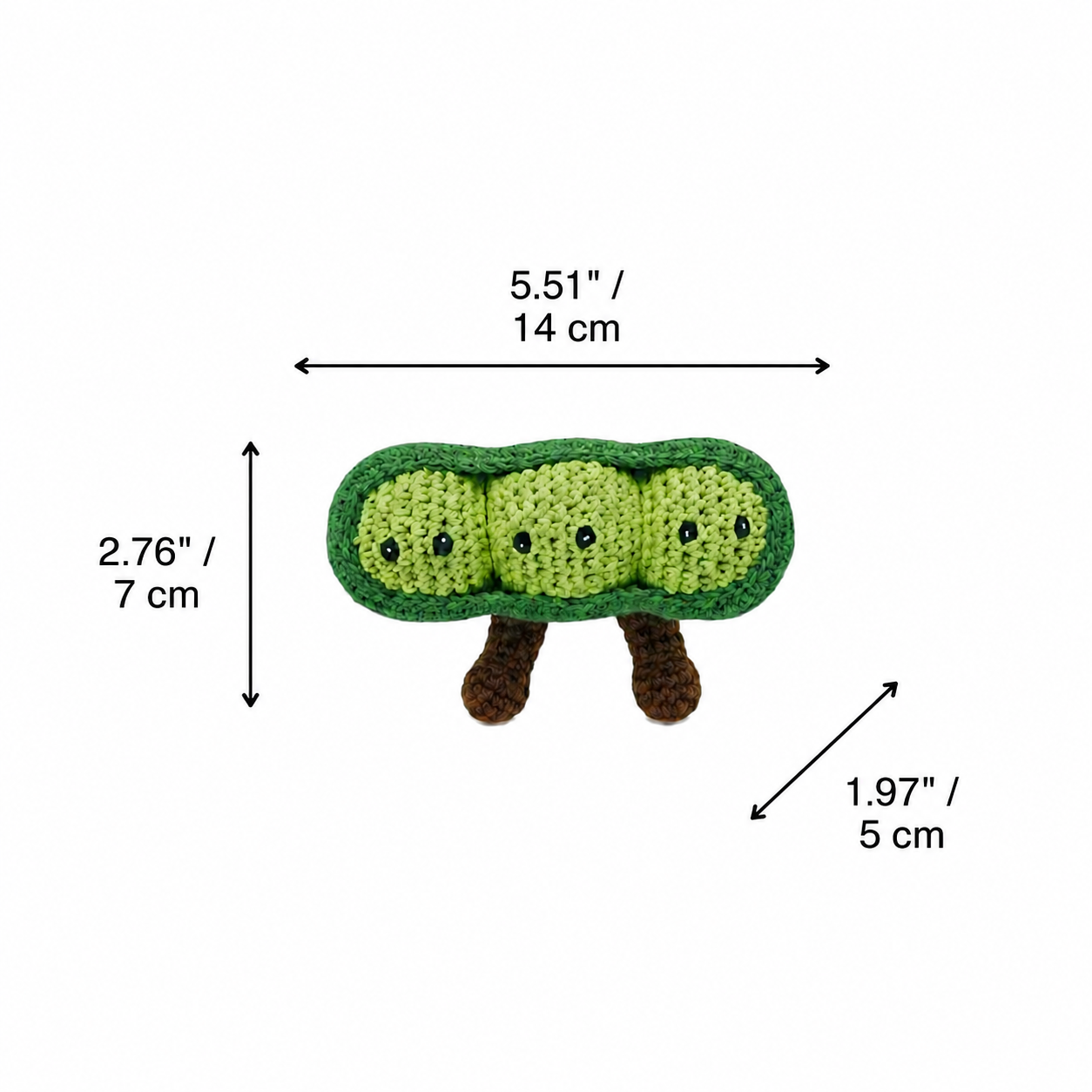 
                  
                    Crocheted pea pod toy with three green eyes and brown legs, shown with dimension arrows and text indicating width of 5.51 inches (14 cm), height of 2.76 inches (7cm).
                  
                