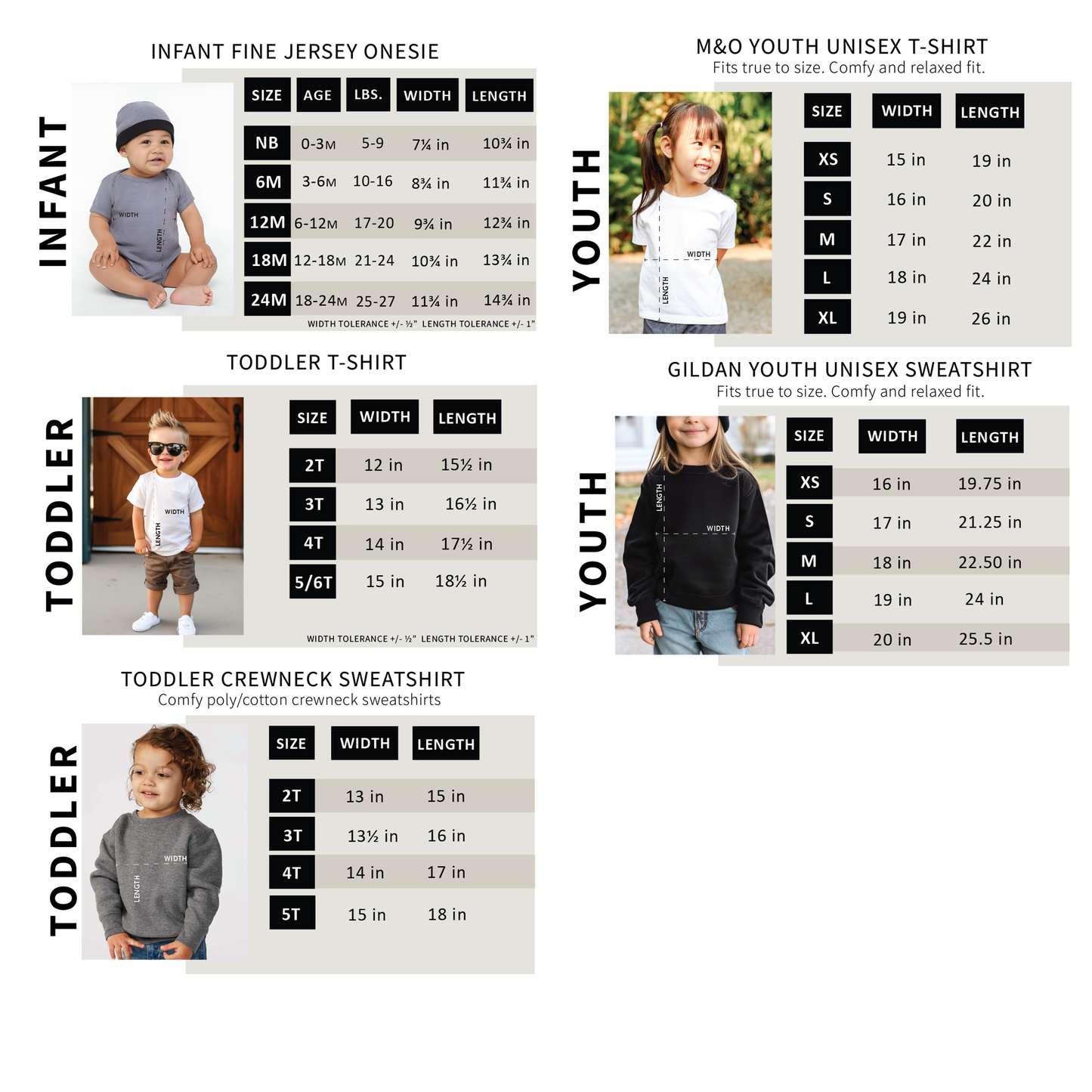 
                  
                    Size chart for children's clothing with images of babies, toddlers, and young children wearing the garments.
                  
                