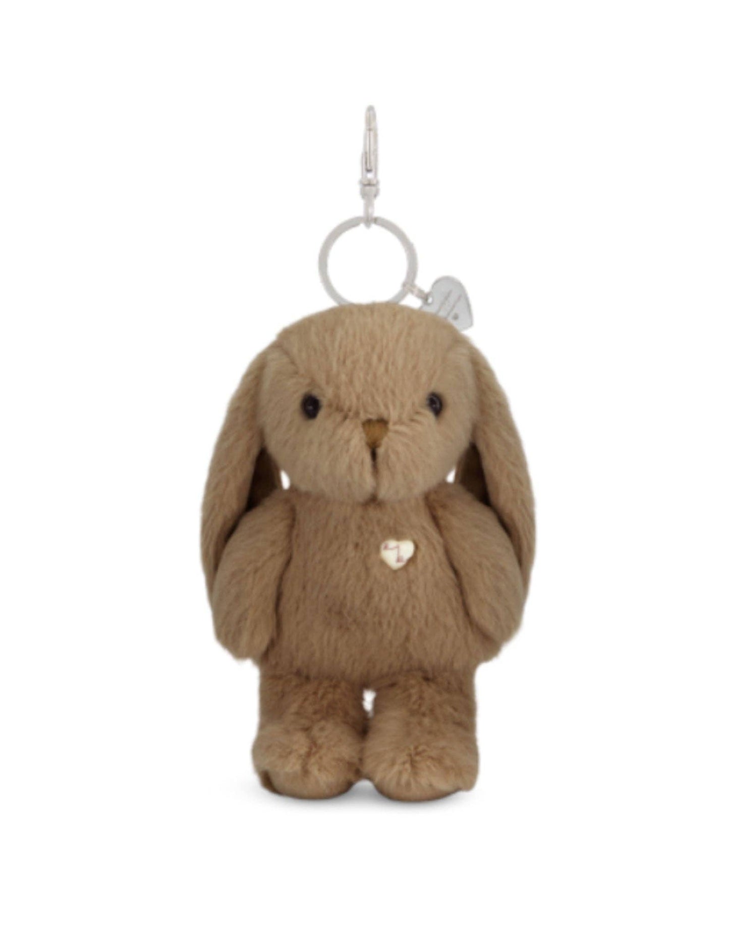 Brown plush bunny keychain with a heart tag on a white background.