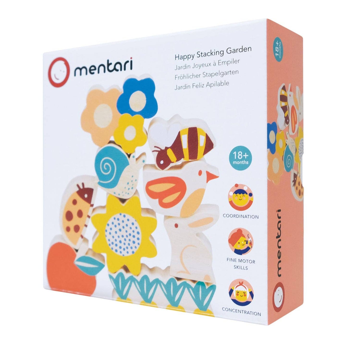 
                  
                    Mentari Happy Stacking Garden toy set in its original white and peach-colored packaging, featuring colorful wooden stacking pieces like flowers, a bee, a bird, and a ladybug.
                  
                