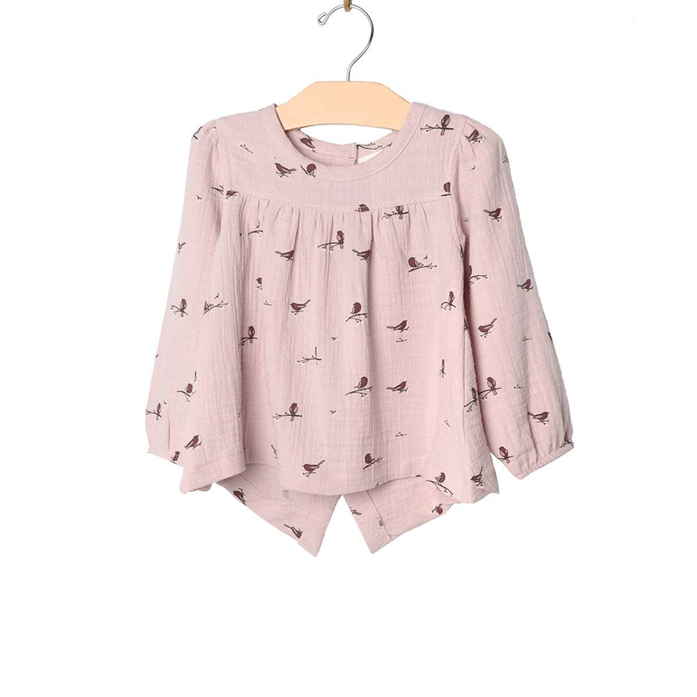 Button Back Top- Lavender Birds