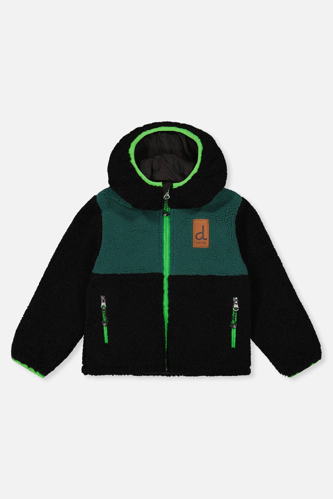 
                  
                    Children's jacket with green and black design on a white background.
                  
                