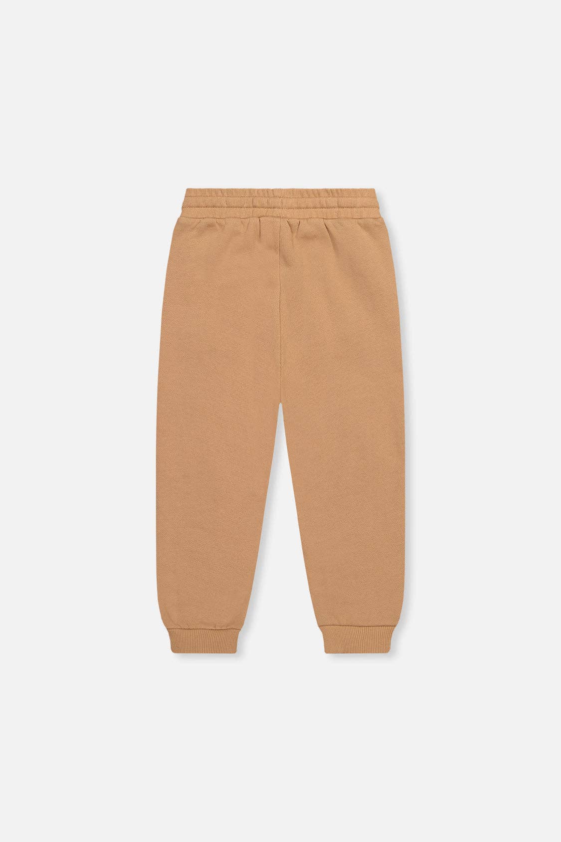 
                  
                    A pair of children's jogger sweatpants in a warm camel tan color, shown flat against a light gray background.
                  
                