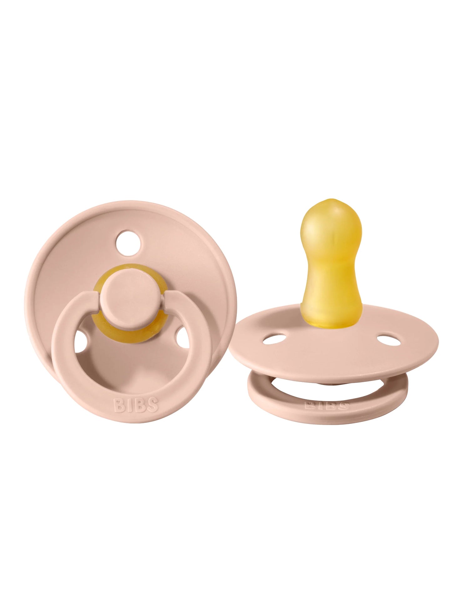 Two baby pacifiers in pink, on a white background