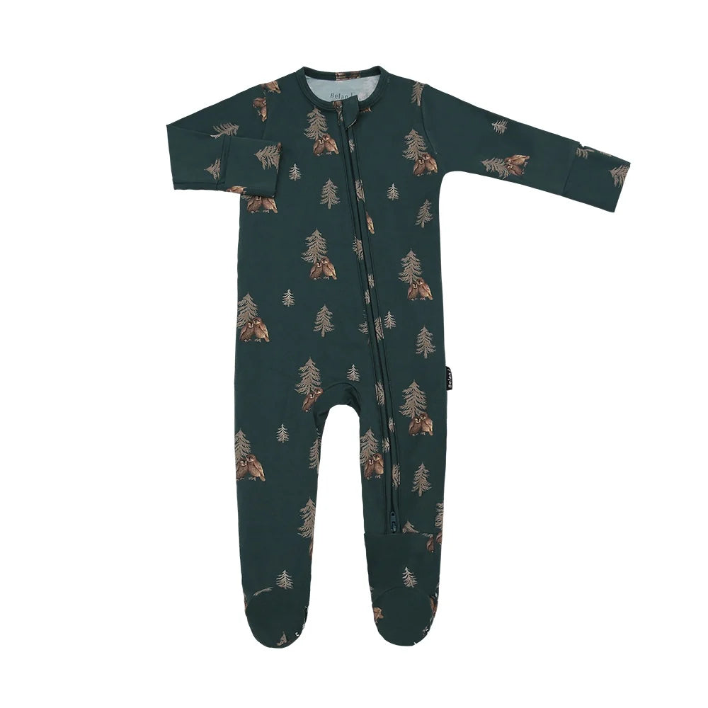 
                  
                    Dark green baby onesie with tree pattern on a white background.
                  
                