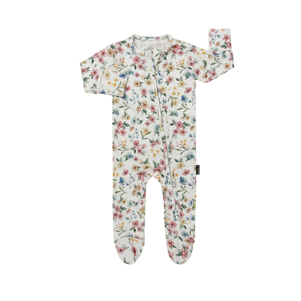 
                  
                    Floral patterned baby onesie/sleeper in pastel colors on a white background.
                  
                