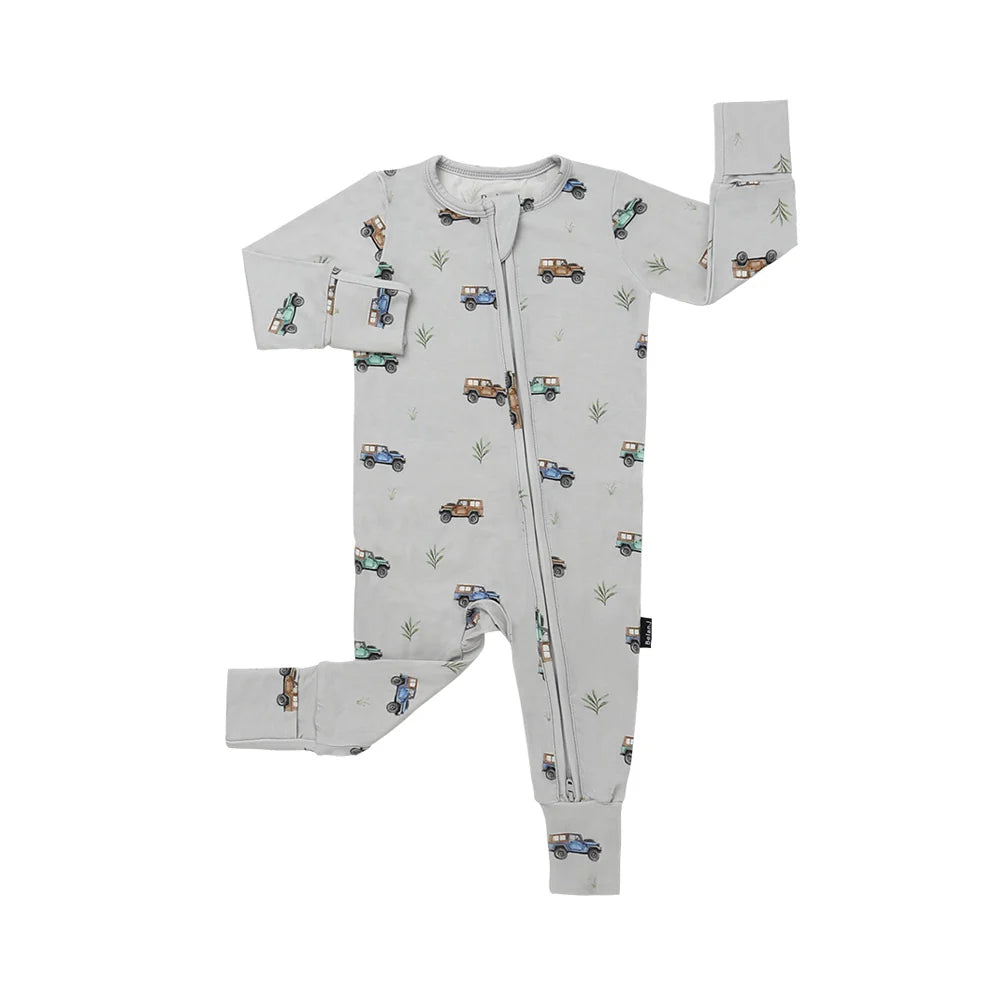 
                  
                    Gray baby onesie with jeep pattern on a white background.
                  
                