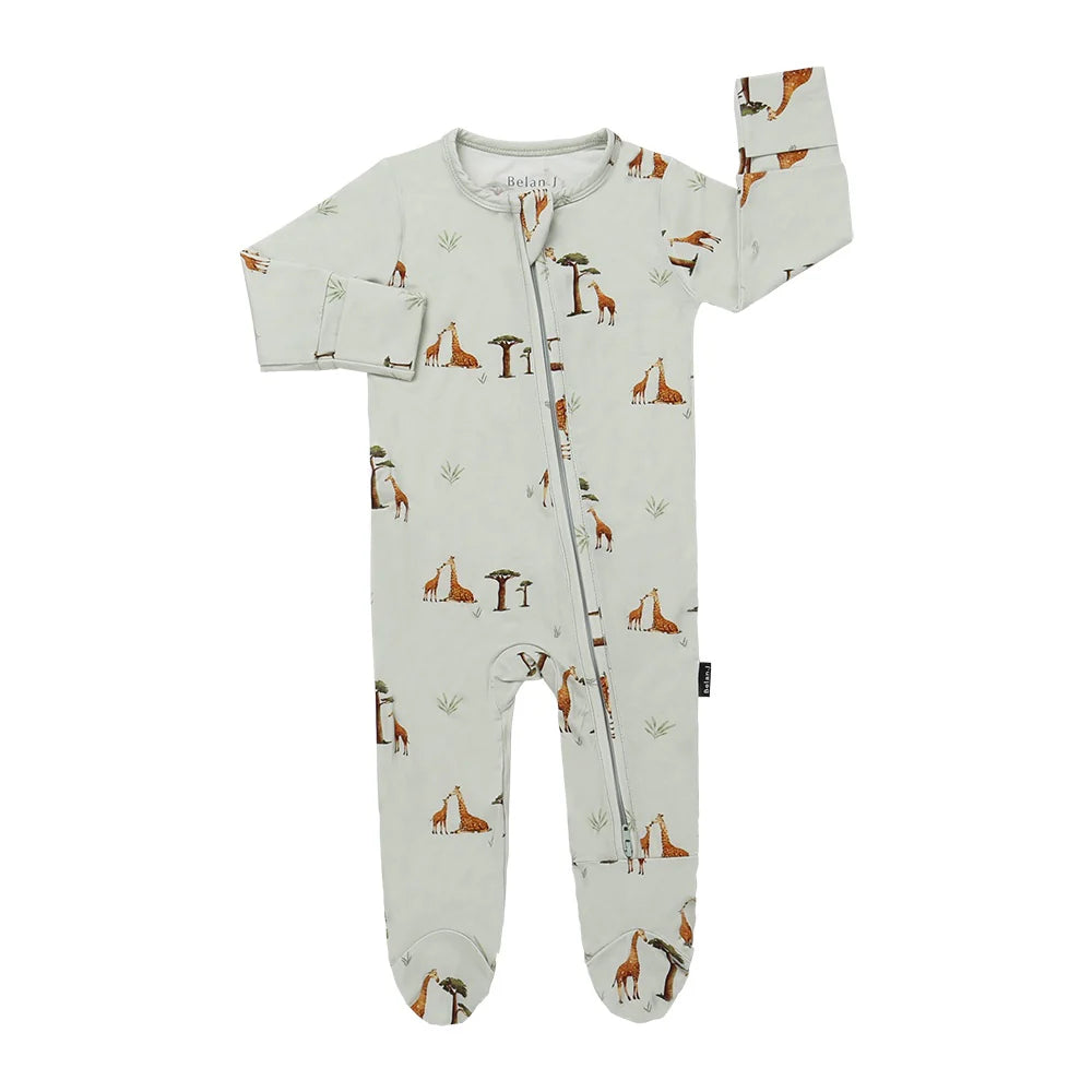 
                  
                    Baby onesie/sleeper in light green with a giraffe pattern on a white background.
                  
                