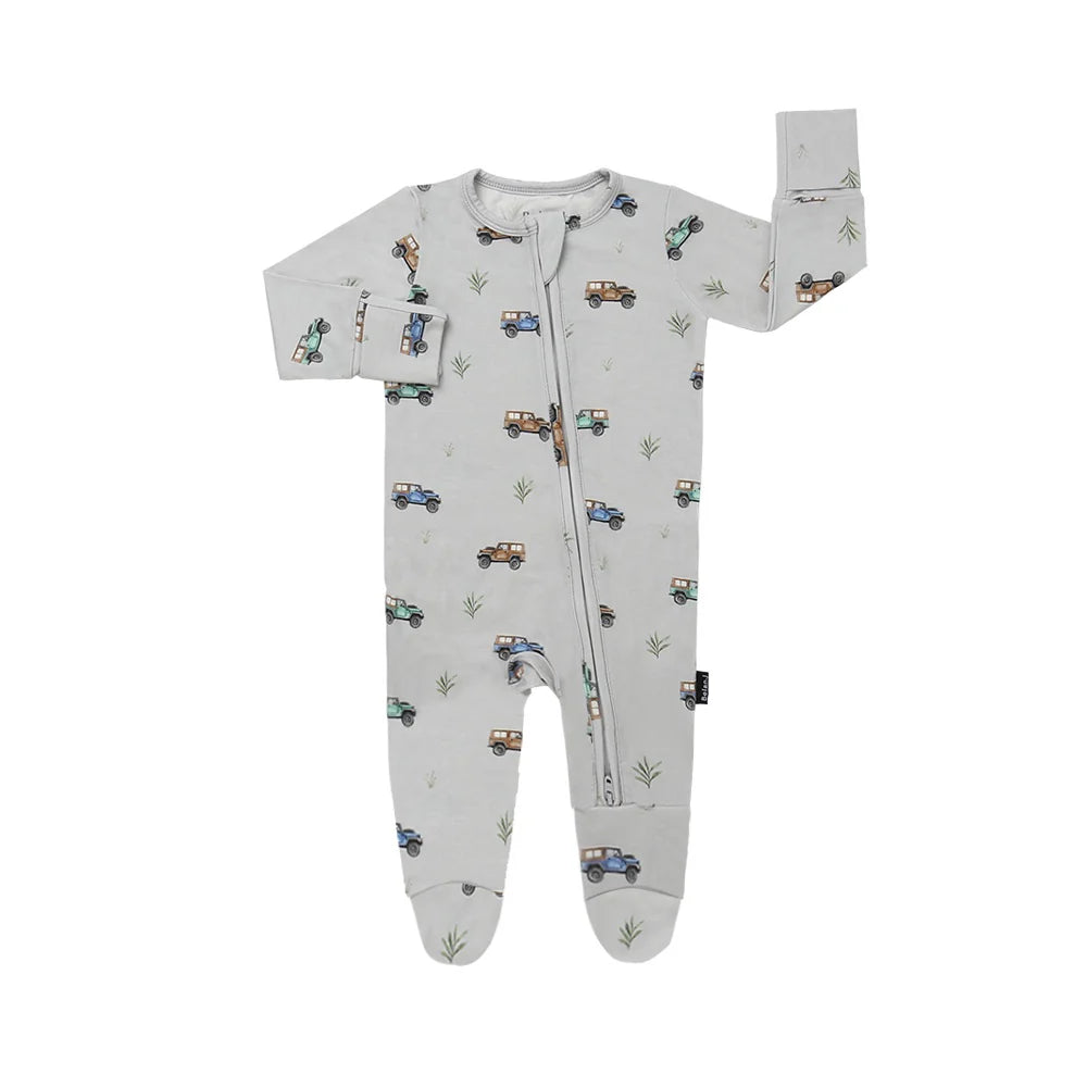 
                  
                    Gray baby onesie with jeep pattern on a white background.
                  
                