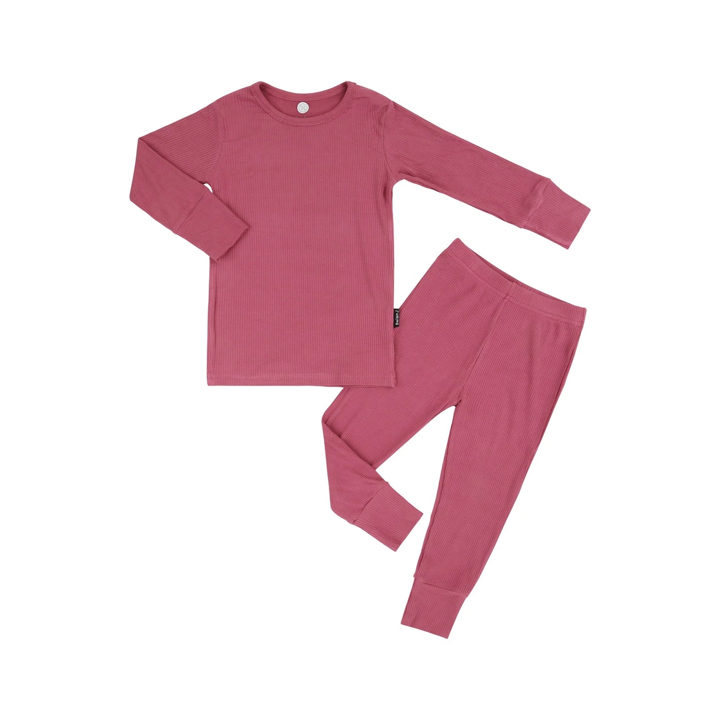 
                  
                    A two-piece children's pajama set in a dusty rose pink color, featuring a long-sleeve top and matching pants, laid flat on a white background.
                  
                