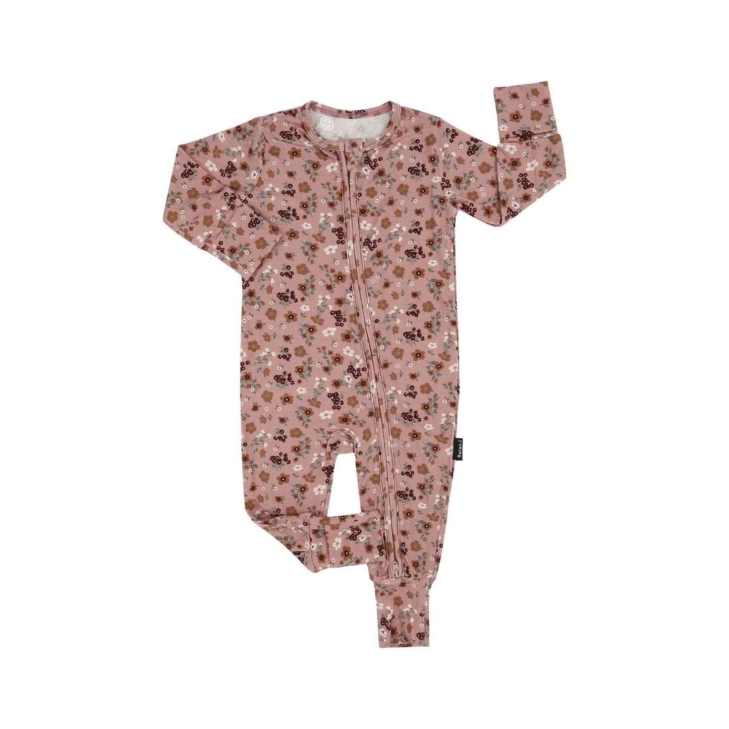 
                  
                    A baby long-sleeve footless one-piece sleeper with a pinkish-brown floral pattern, featuring a front zipper and a small black brand tag on the side, laid flat on a white background.
                  
                