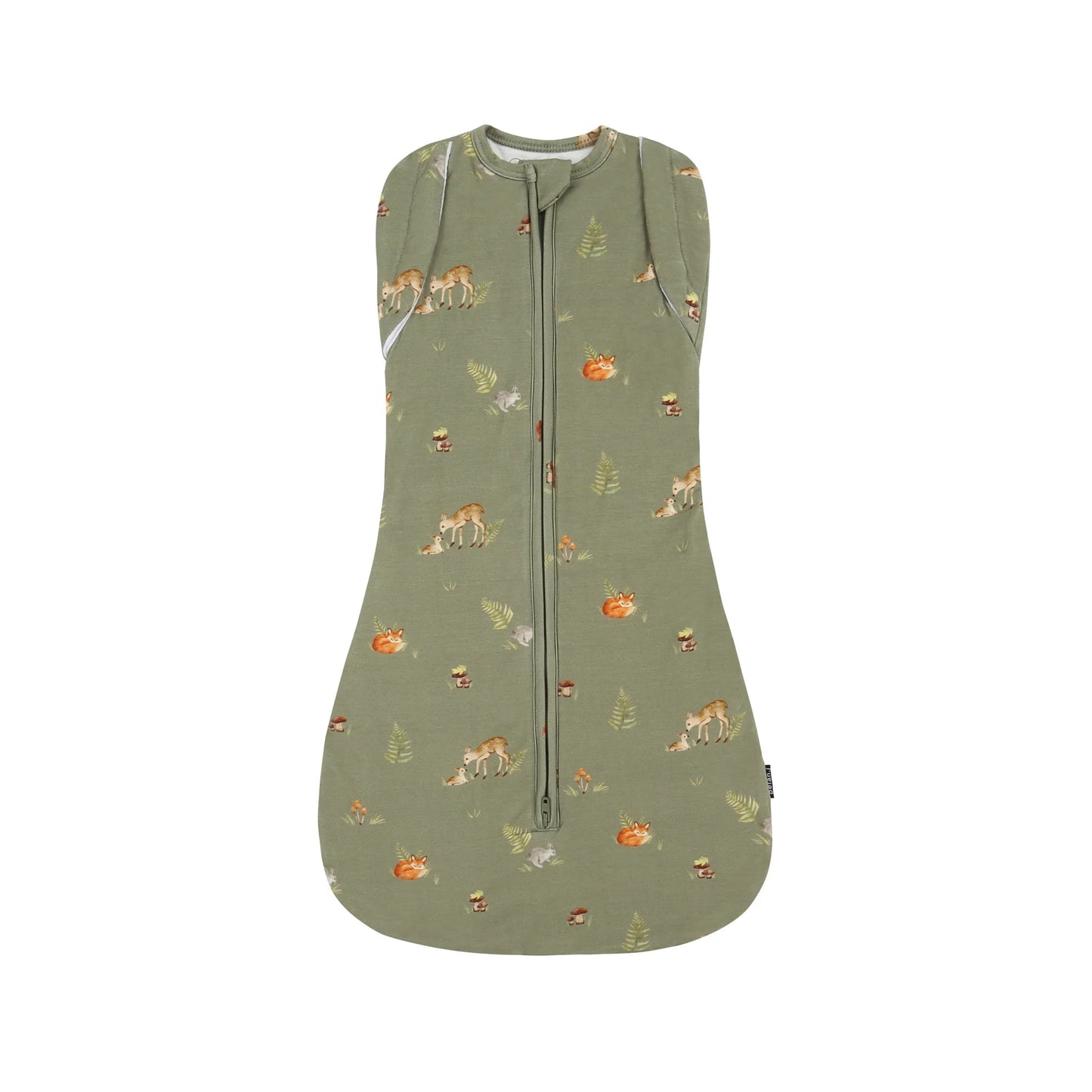 
                  
                    An olive green baby sleep sack with a front zipper, featuring a whimsical print of woodland animals including foxes, deer, and leaves.
                  
                
