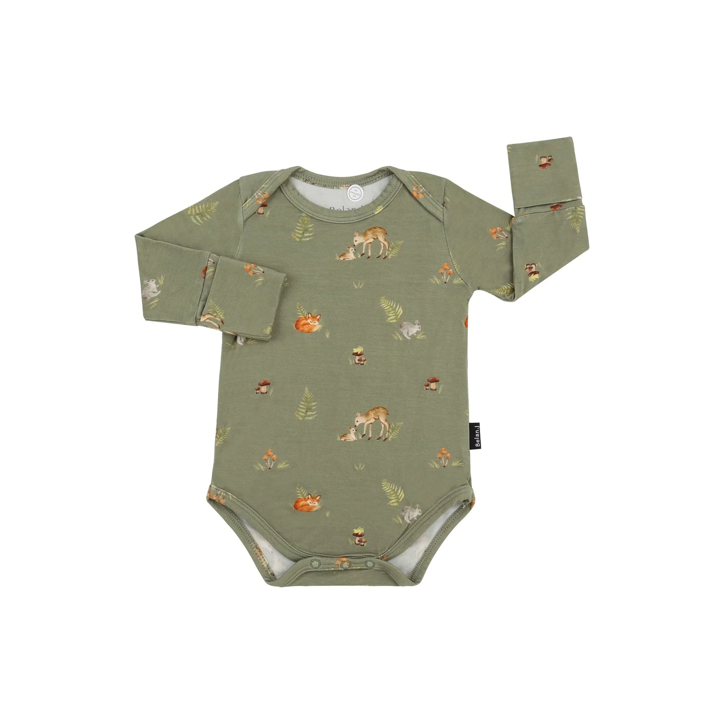 
                  
                    A baby long-sleeve bodysuit in sage green with a woodland print of deer, foxes, squirrels, and mushrooms, shown flat on a white background.
                  
                