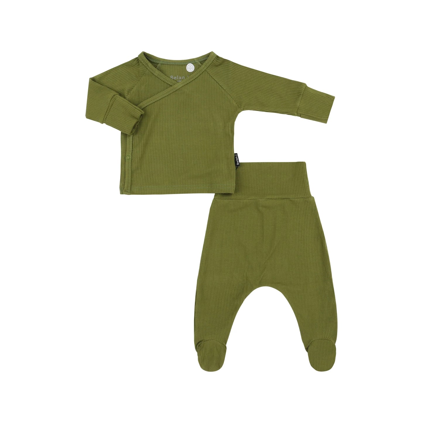 
                  
                    A two-piece baby clothing set in olive green ribbed fabric, featuring a long-sleeve wrap-style top and matching footed pants, displayed on a solid white background.
                  
                