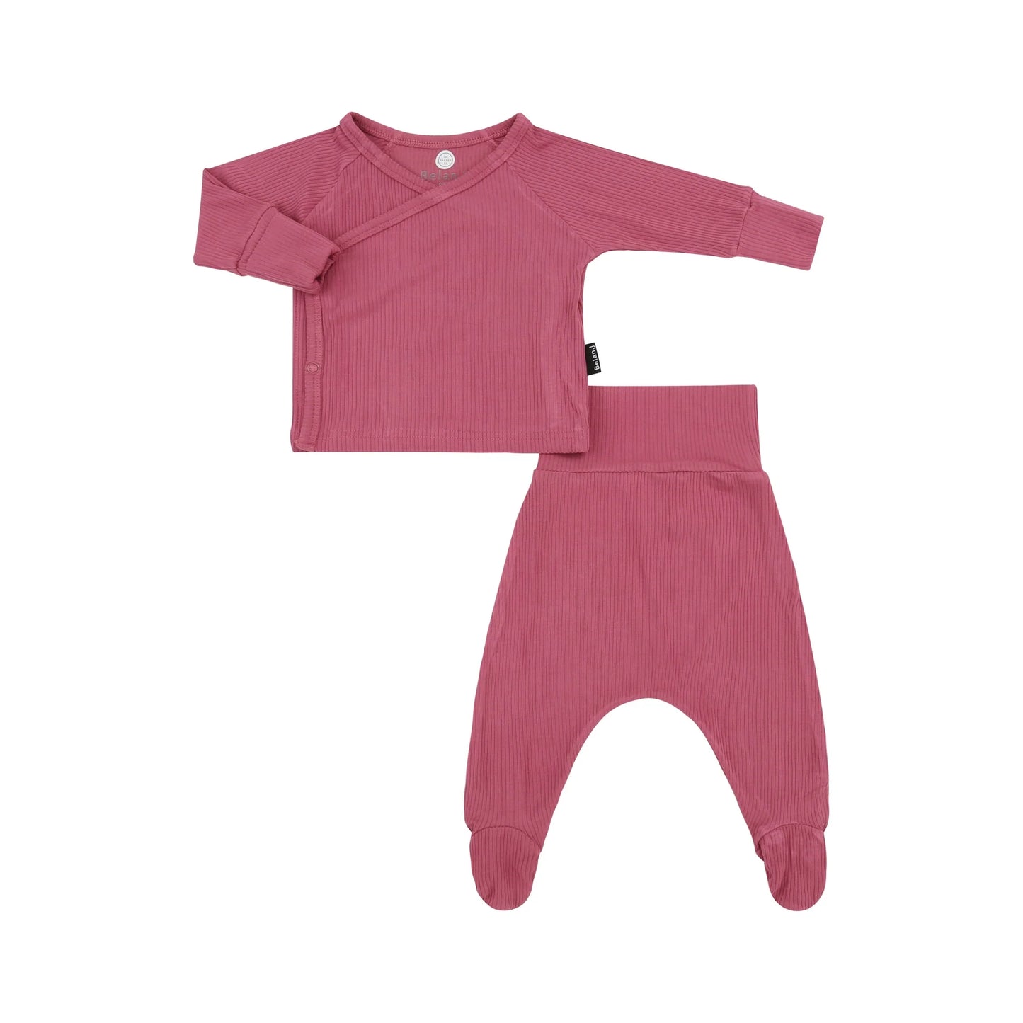 
                  
                    A two-piece baby loungewear set in dusty rose pink ribbed fabric, featuring a long-sleeve wrap-style top with a snap closure and matching footed pants, displayed on a clean white background.
                  
                