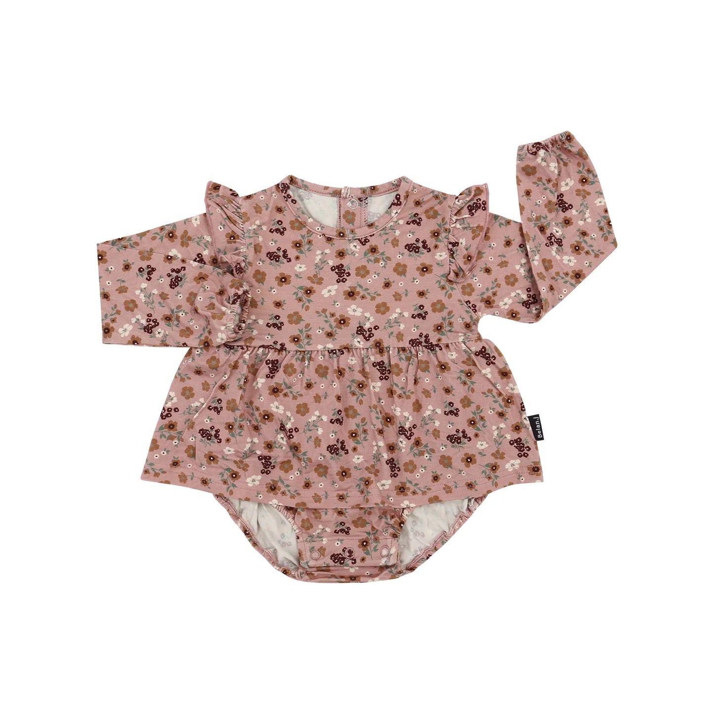
                  
                    A baby girl's long-sleeve romper in a dusty rose pink floral print, featuring ruffled shoulder details and a gathered waist, laid flat on a white background.
                  
                