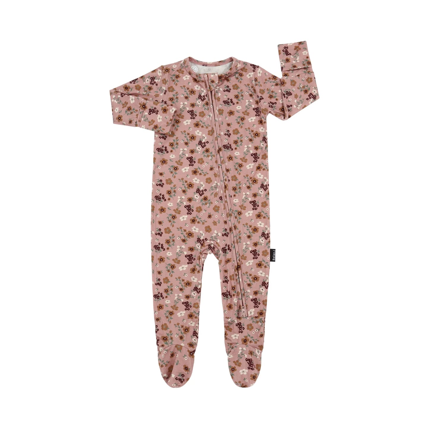 
                  
                    A baby footed sleeper in a dusty pink color with an all-over floral pattern in brown, green, and white, featuring a front zipper and long sleeves and legs.
                  
                