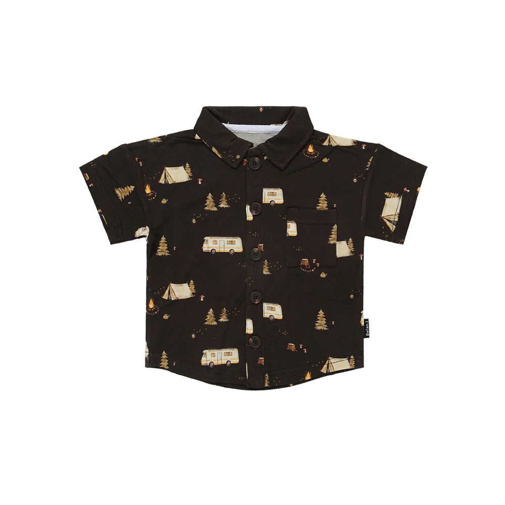 Button up polo shirt with a white background. 