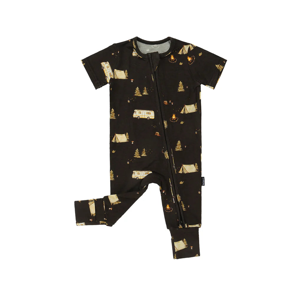 Brown short sleeve zipper romper with white background. 