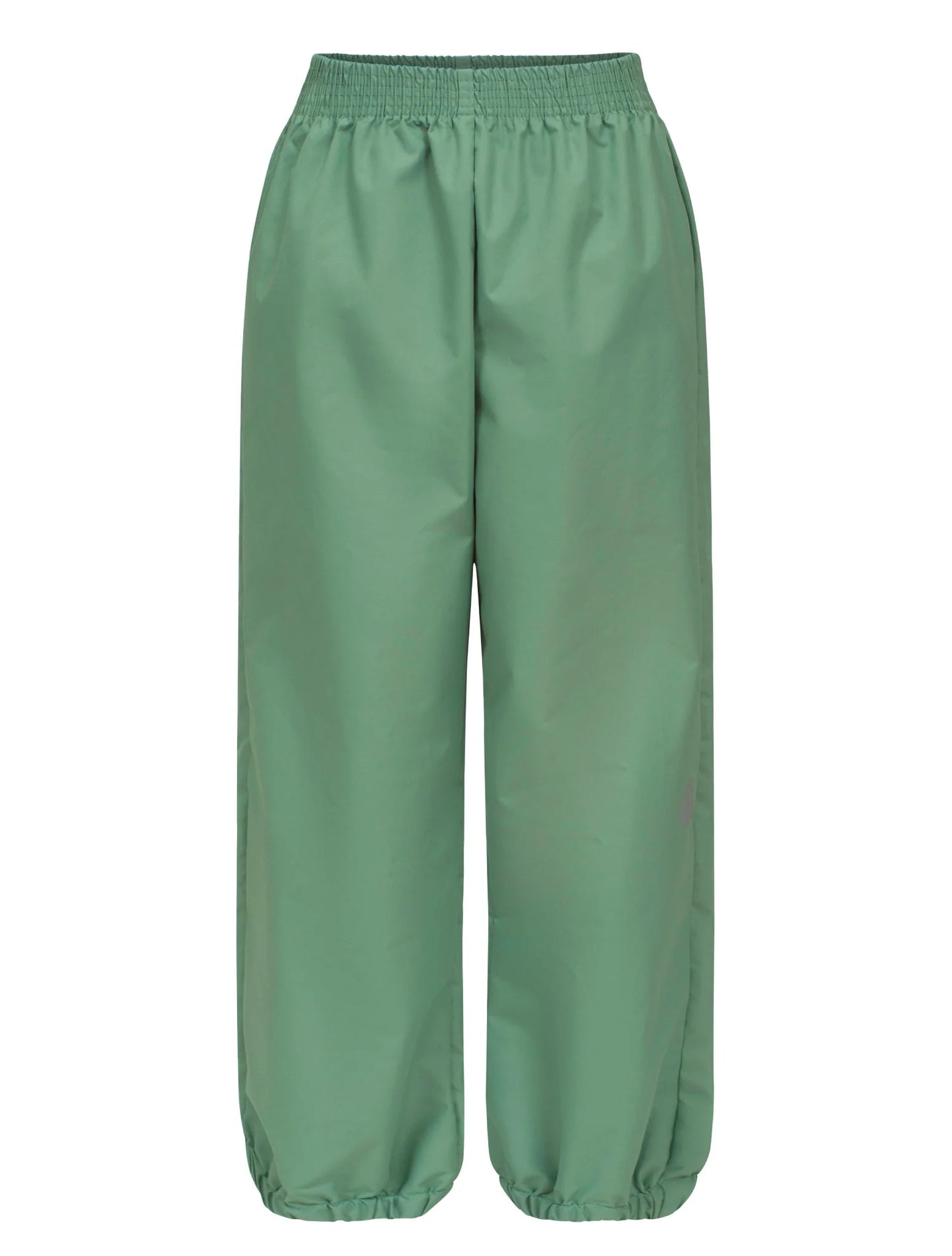 Green rain pants on a white background
