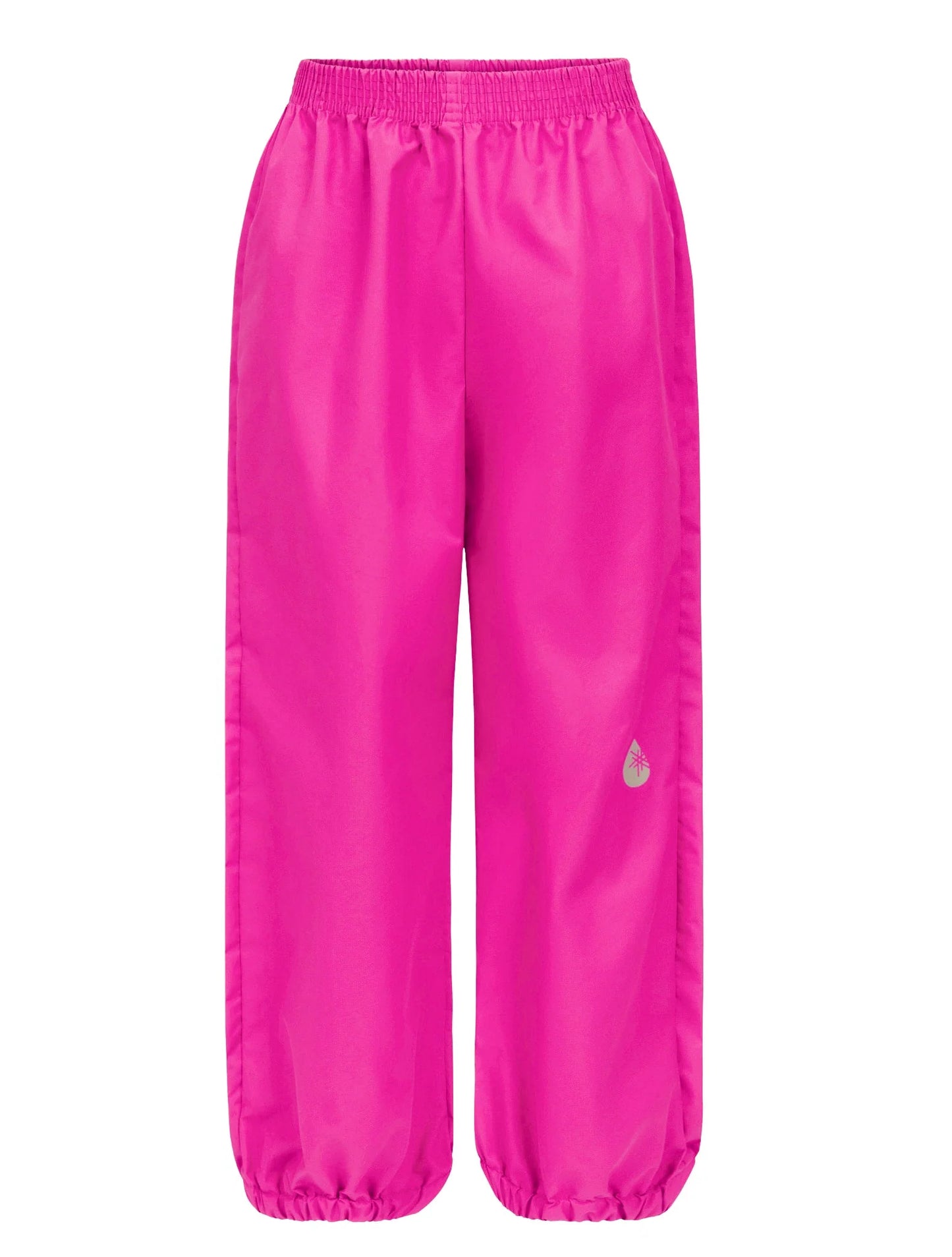Bright pink rain pants with a small logo on a white background