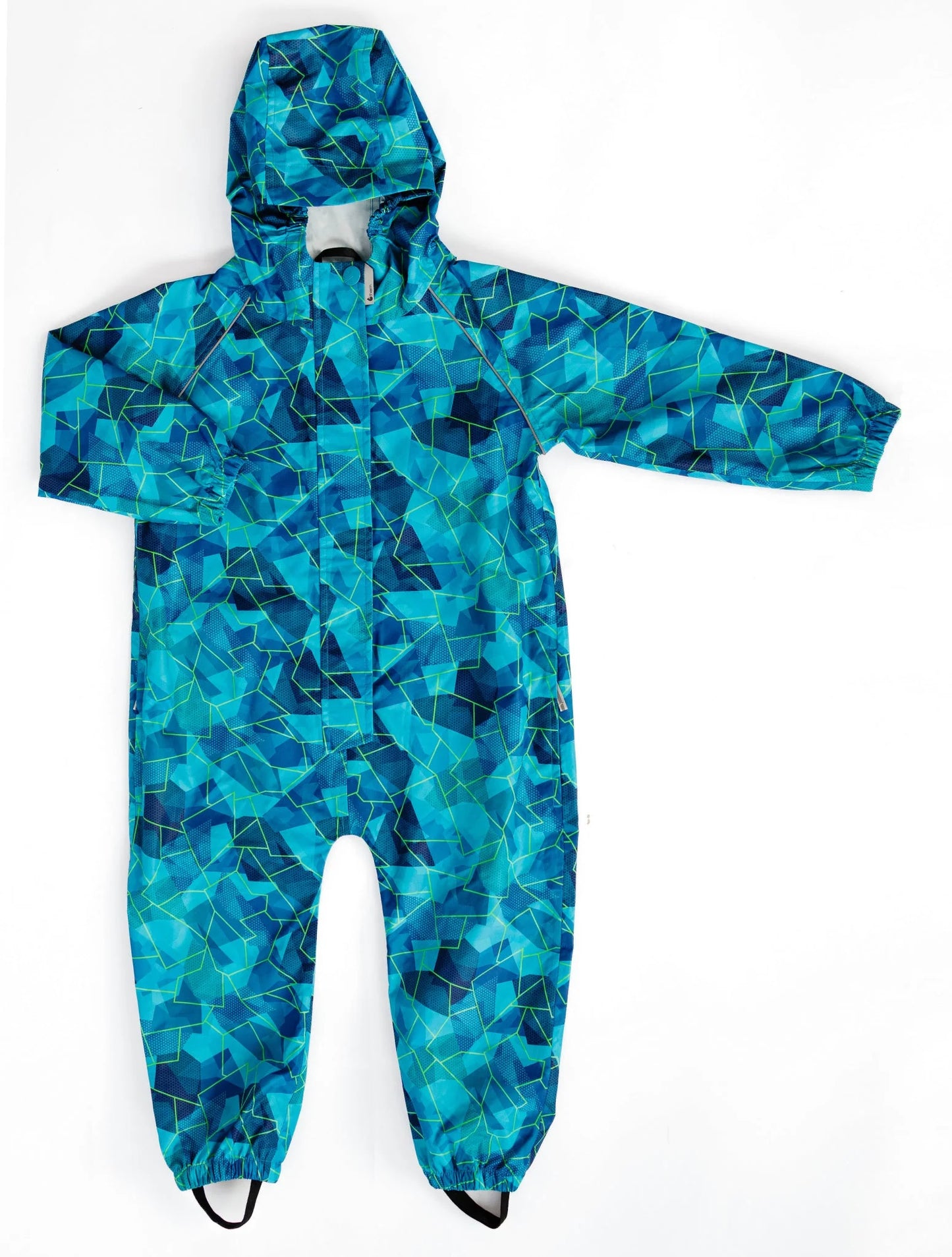 Blue geometric patterned rainsuit on a white background