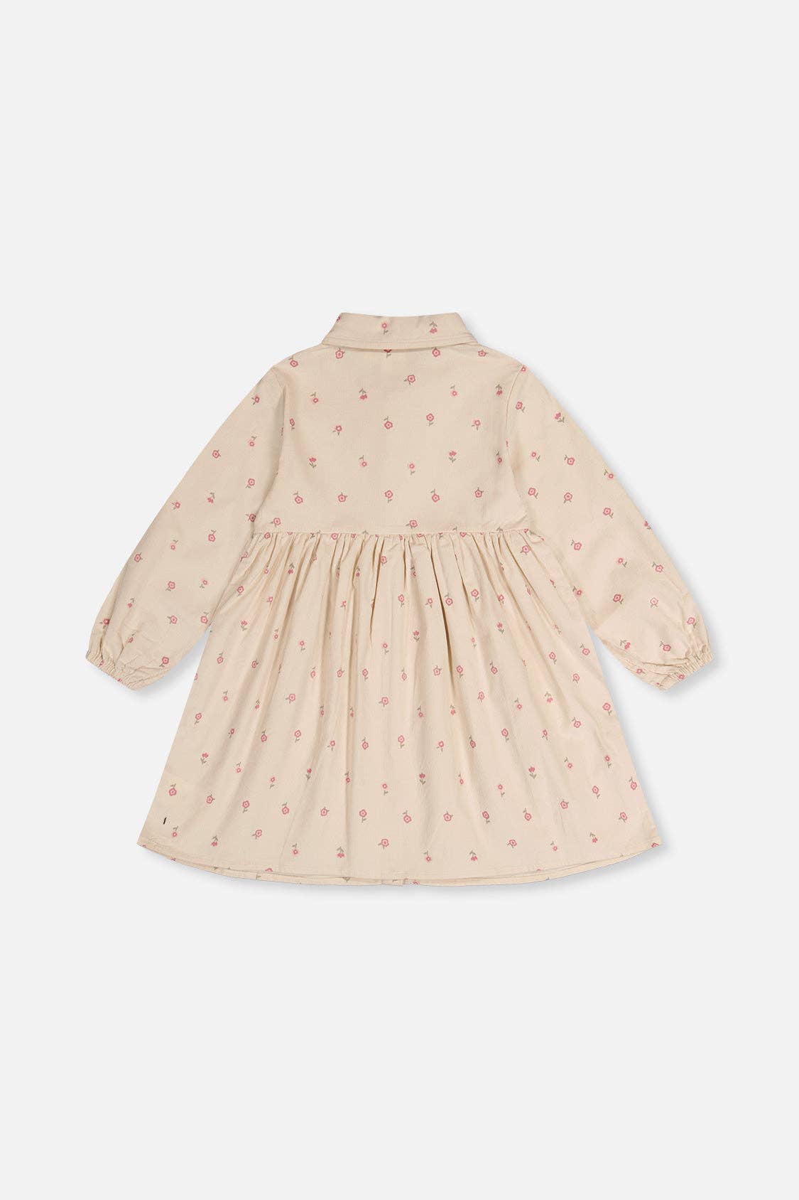 
                  
                    A long-sleeve baby dress in a light beige fabric with a small pink floral pattern, featuring a gathered waist and a pointed collar, shown against a plain light gray background.
                  
                