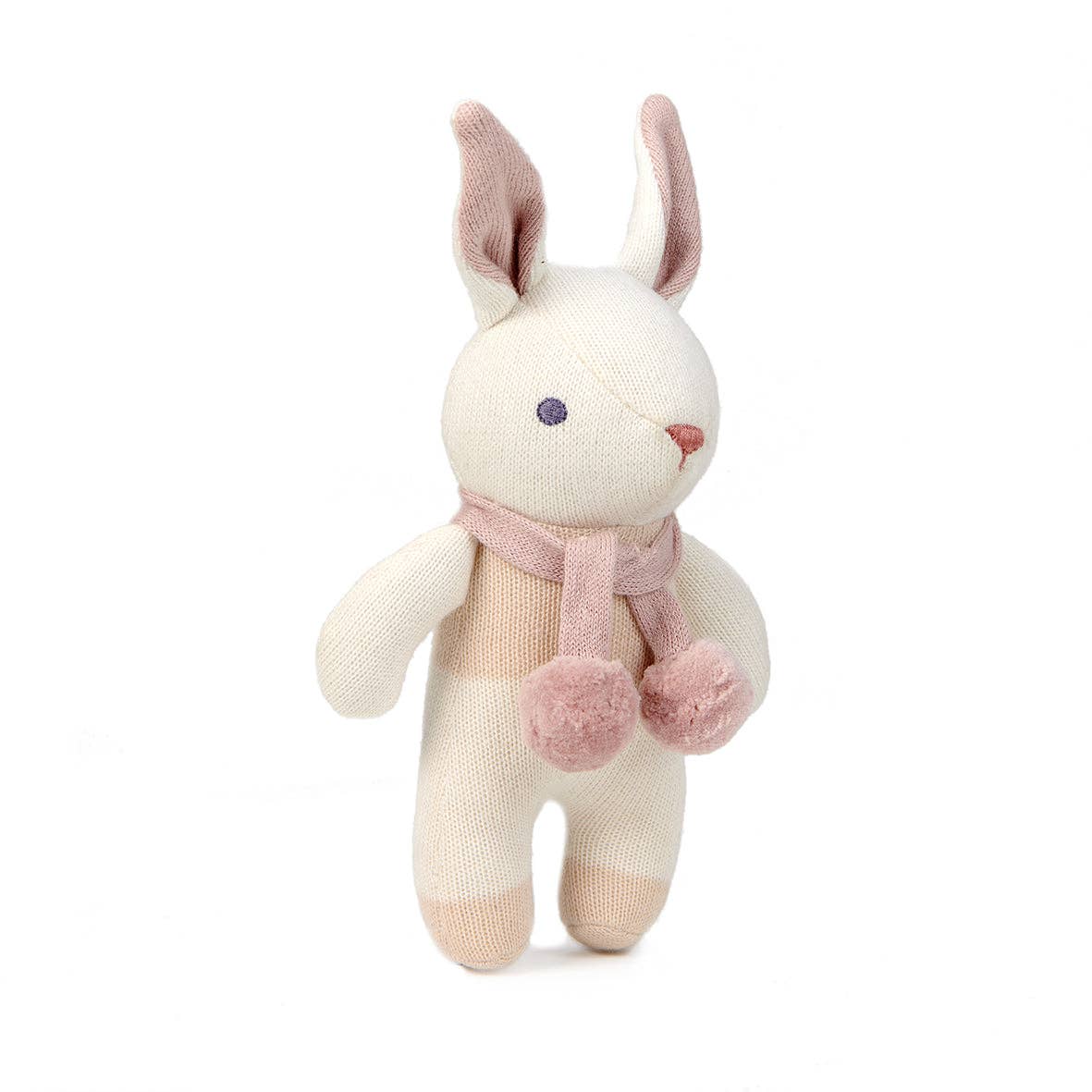 Stuffed rabbit toy with a pink scarf on a white background.