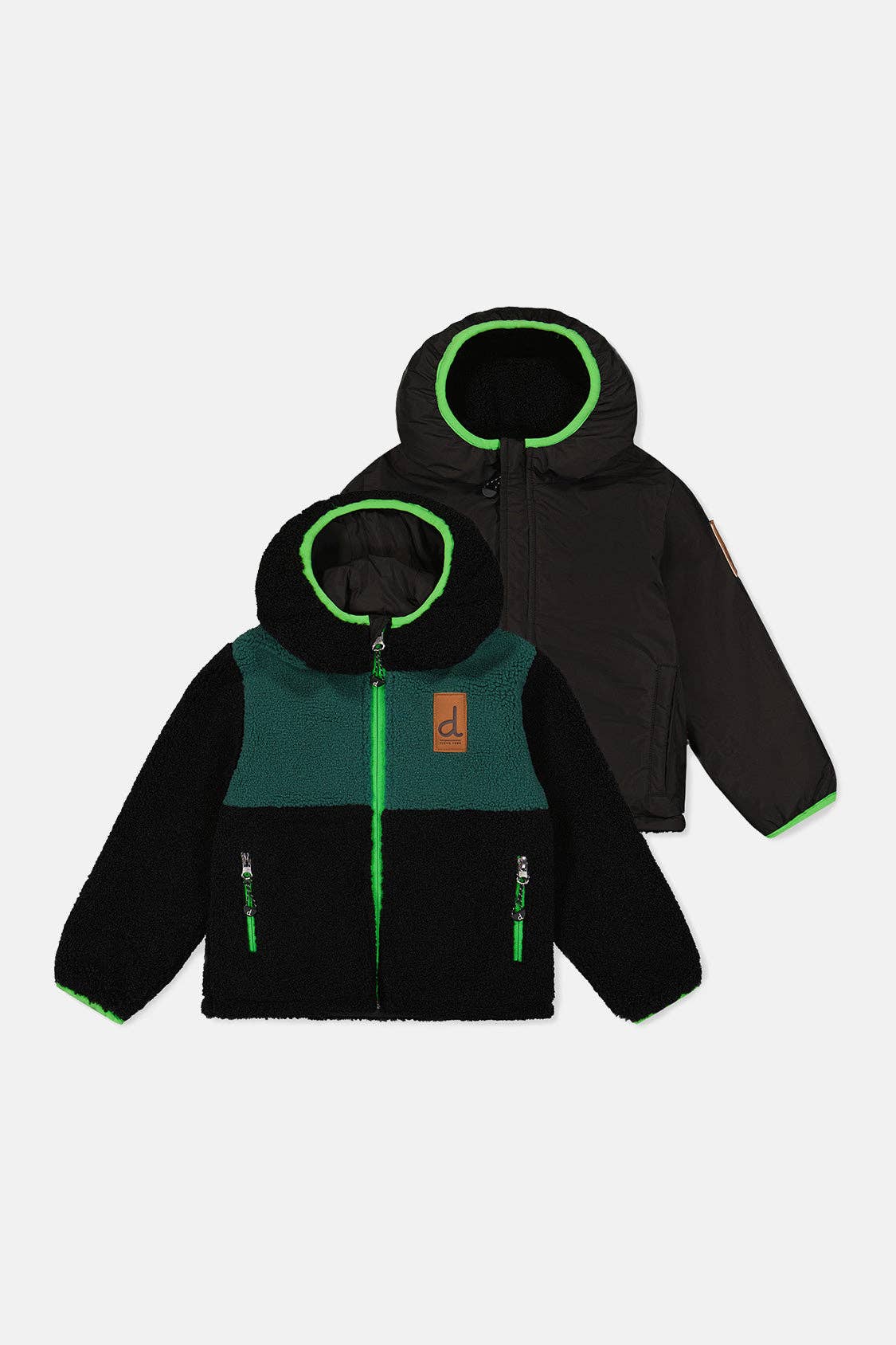 Two children's jackets with green accents on a light gray background.