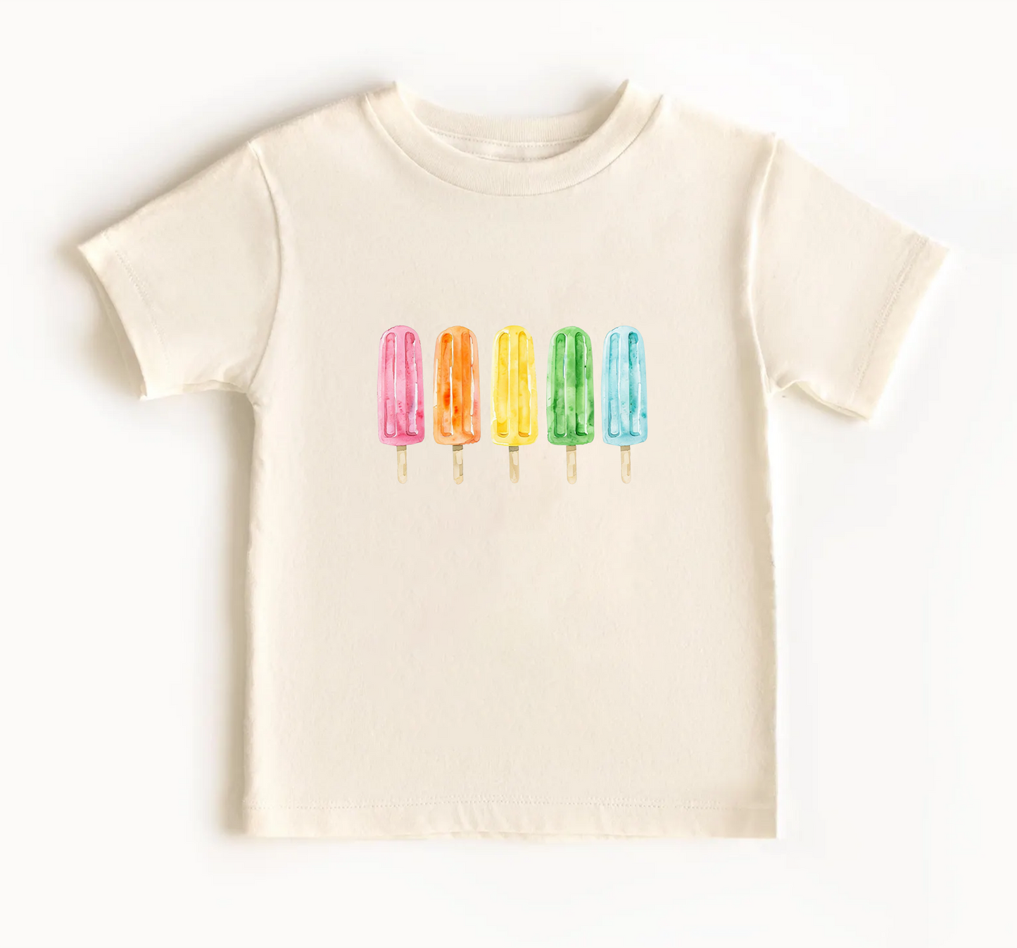 Beige t-shirt with colorful popsicle design on a white background.