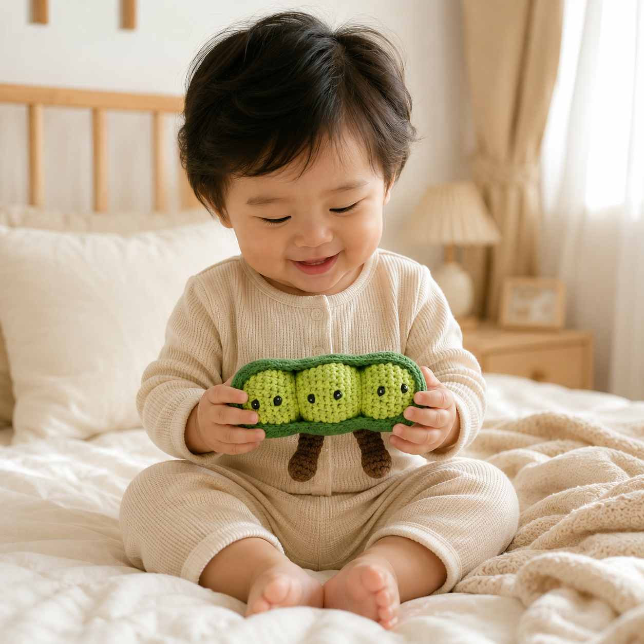 
                  
                    A baby sitting on a bed in a cozy bedroom, holding a green and brown crocheted plush toy.
                  
                