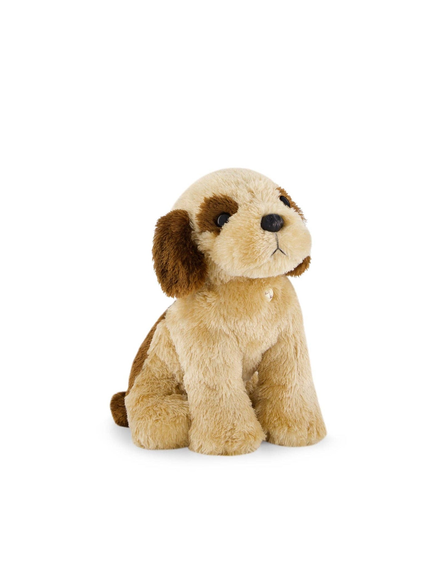 
                  
                    Plush toy dog with brown ears and body on a white background.
                  
                