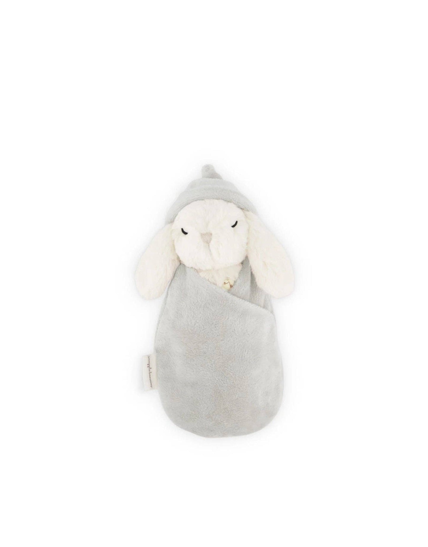 
                  
                    White plush bunny toy with a gray hood on a white background.
                  
                